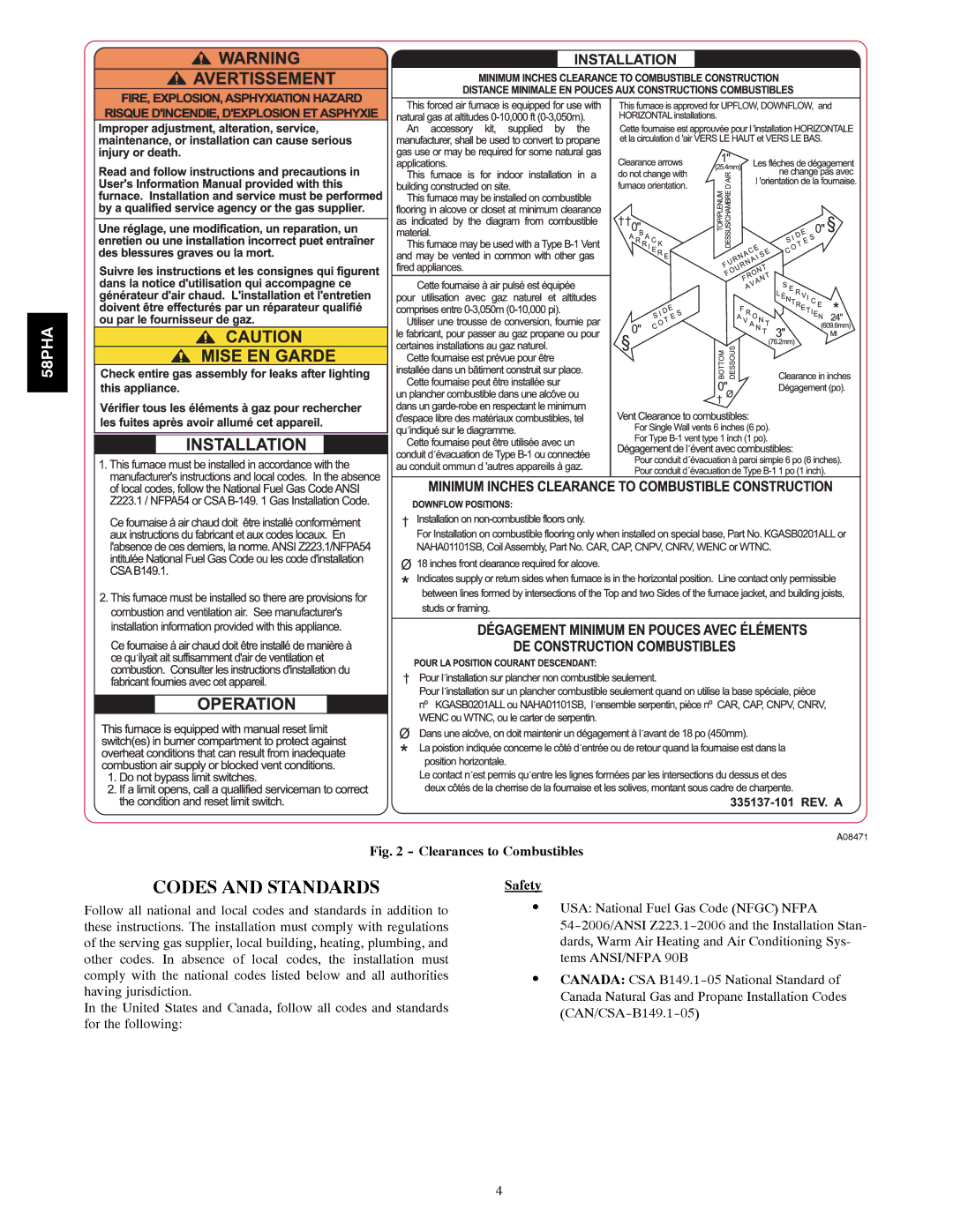 Carrier 58PHA/PHX instruction manual Codes and Standards, Clearances to Combustibles 