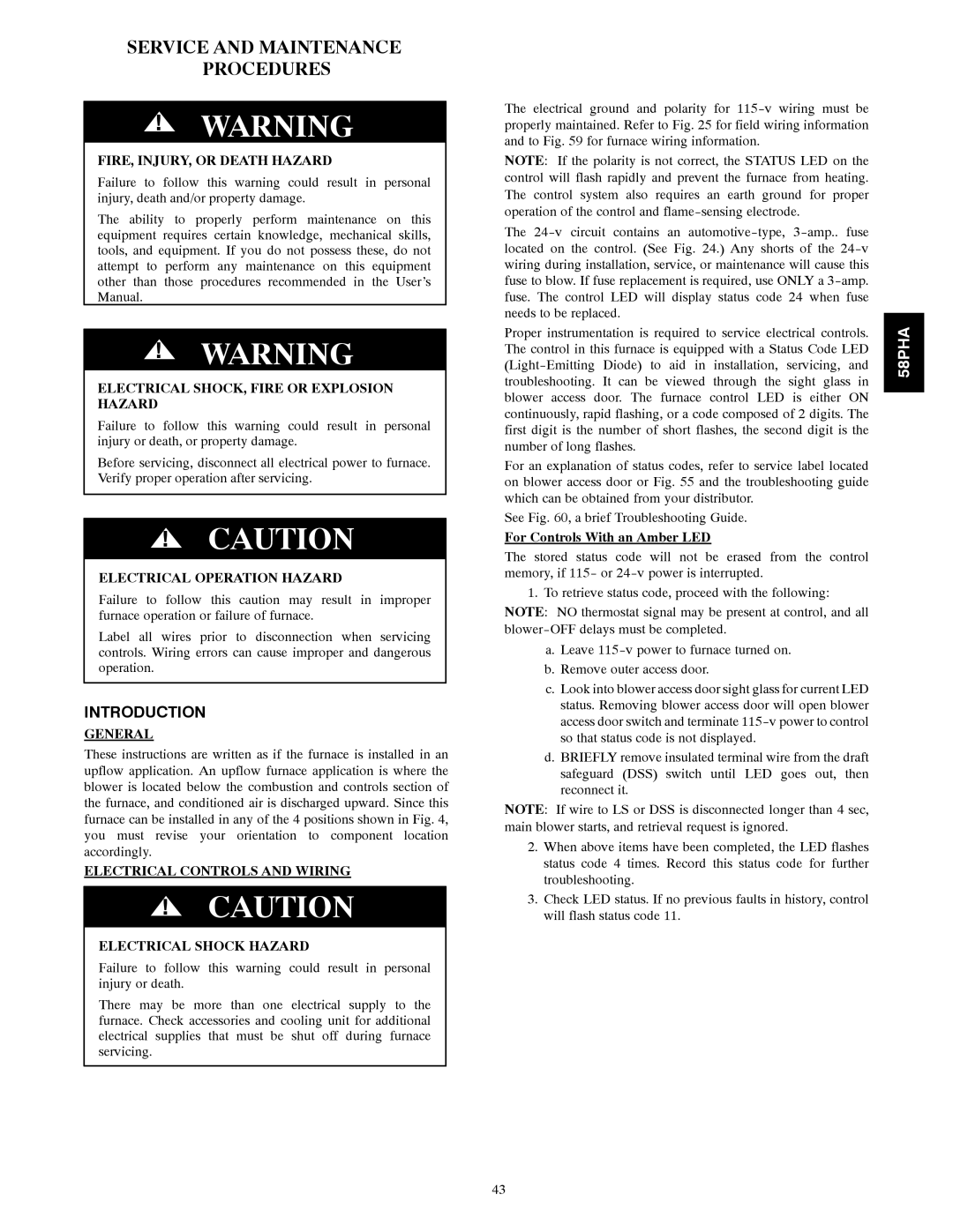 Carrier 58PHA/PHX Service and Maintenance Procedures, FIRE, INJURY, or Death Hazard, For Controls With an Amber LED 