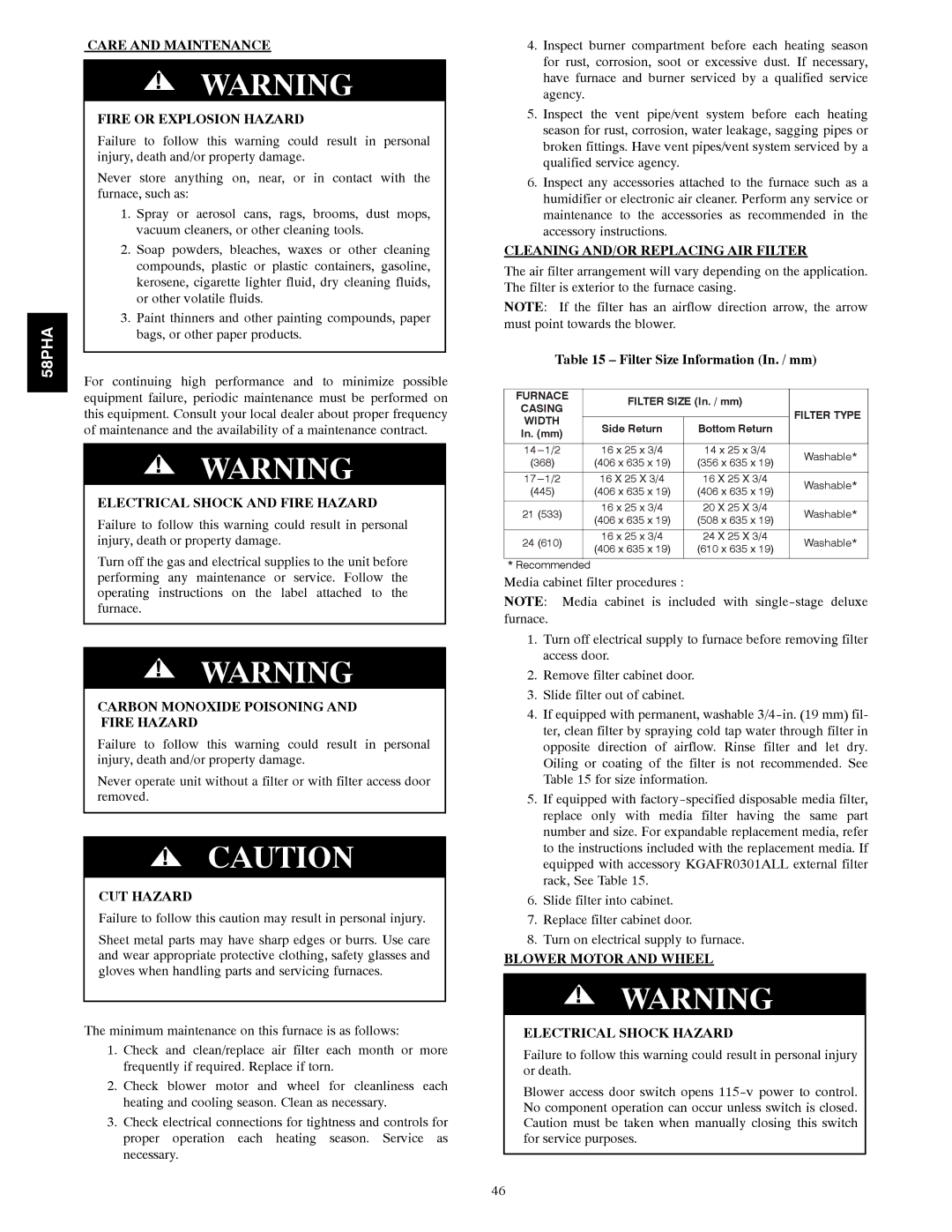 Carrier 58PHA/PHX instruction manual Care and Maintenance Fire or Explosion Hazard, Carbon Monoxide Poisoning Fire Hazard 