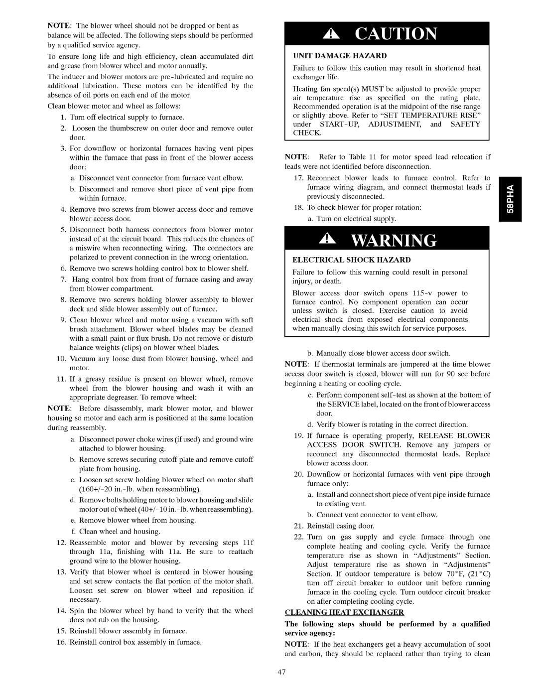 Carrier 58PHA/PHX instruction manual Unit Damage Hazard, Cleaning Heat Exchanger 