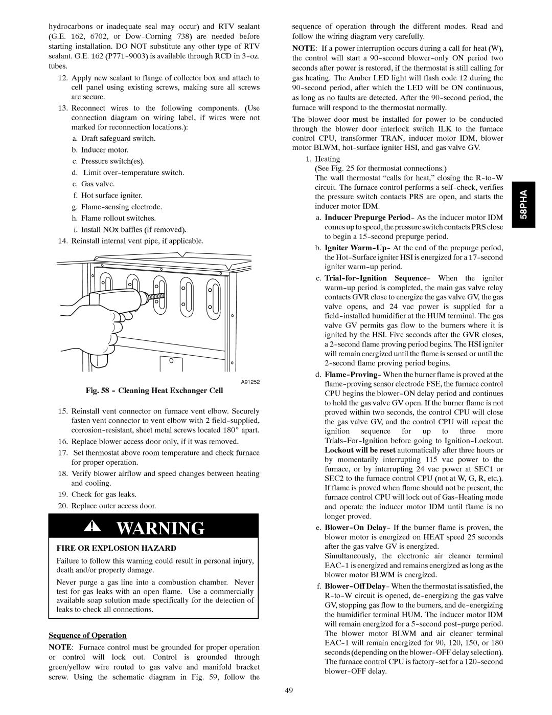 Carrier 58PHA/PHX instruction manual Cleaning Heat Exchanger Cell, Sequence of Operation 