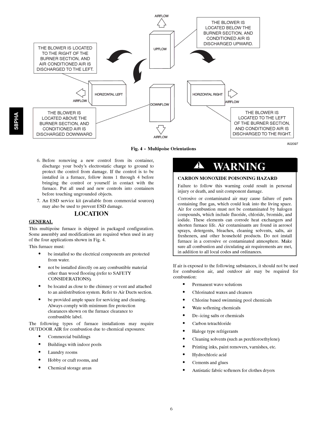 Carrier 58PHA/PHX instruction manual Location, General, Carbon Monoxide Poisoning Hazard 