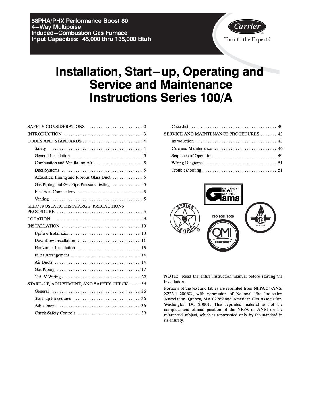 Carrier 58PHA/PHX instruction manual Installation, Start---up,Operating and, Induced---CombustionGas Furnace 