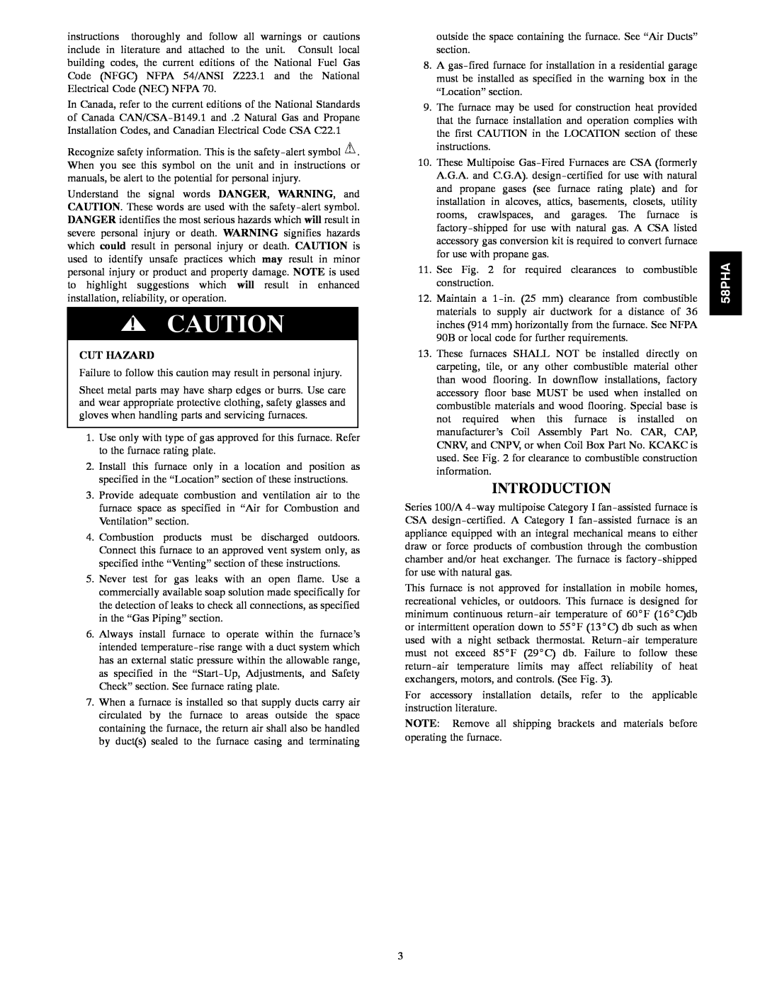 Carrier 58PHA/PHX instruction manual Introduction, Cut Hazard 