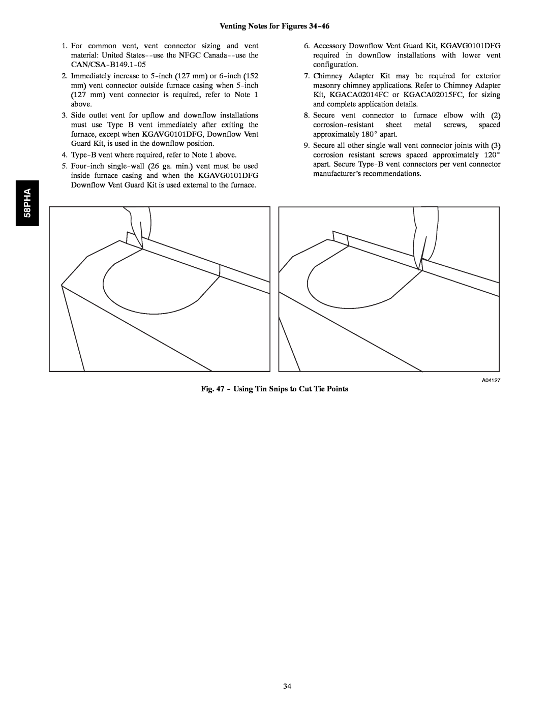 Carrier 58PHA/PHX instruction manual Venting Notes for Figures, Using Tin Snips to Cut Tie Points 