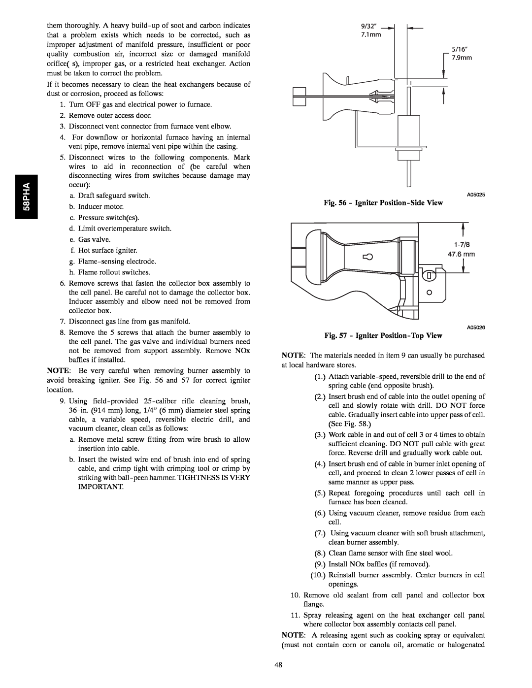 Carrier 58PHA/PHX instruction manual Igniter Position-SideView, Igniter Position-TopView 