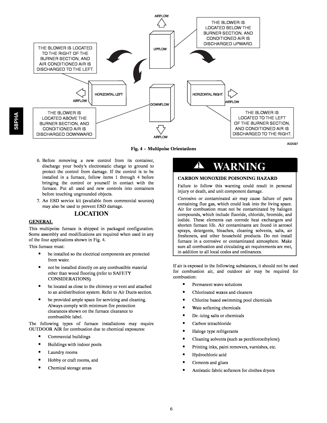 Carrier 58PHA/PHX instruction manual Location, Multipoise Orientations, General, Carbon Monoxide Poisoning Hazard 