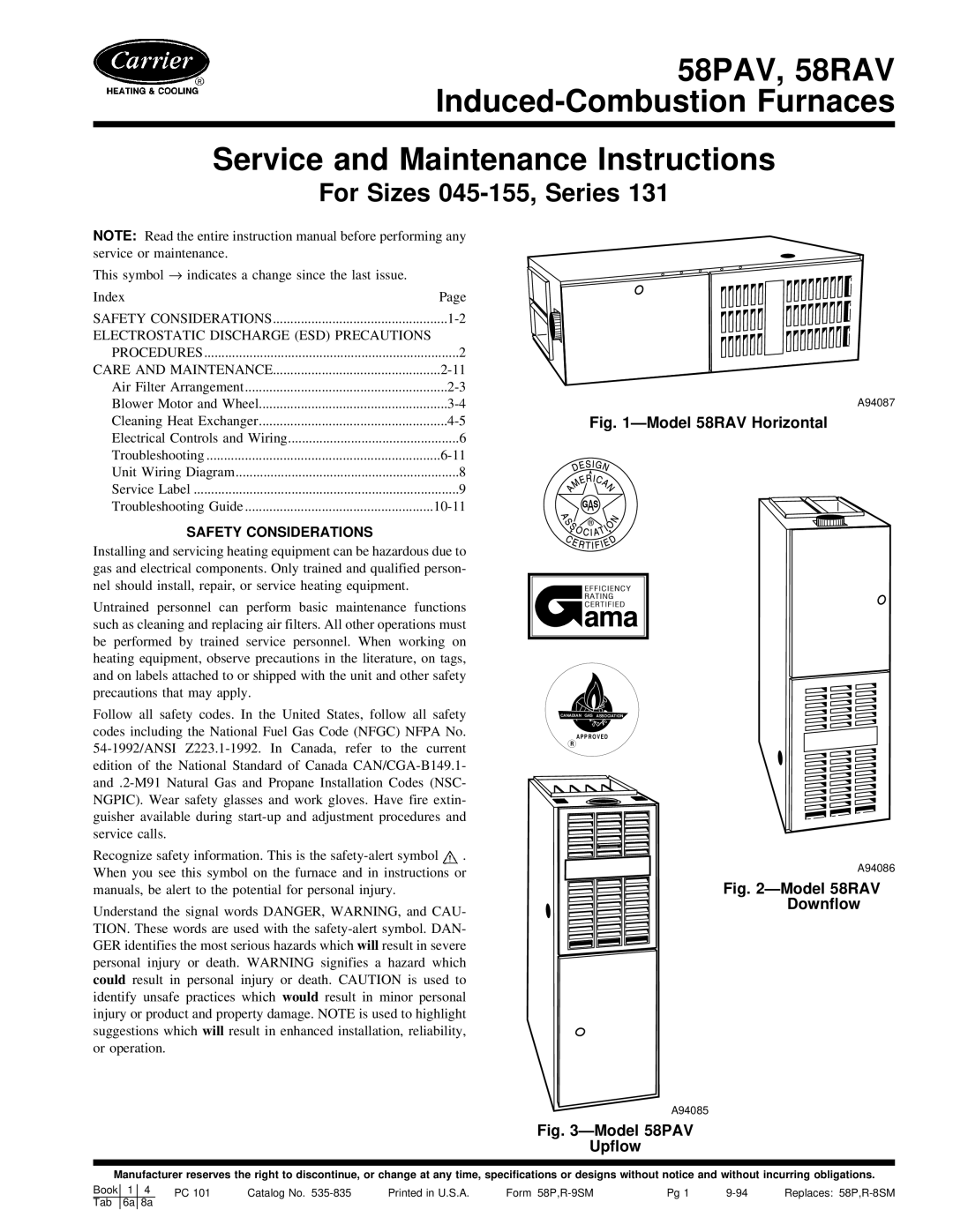 Carrier 58PAV, 58RAV instruction manual Service and Maintenance Instructions, Electrostatic Discharge ESD Precautions 