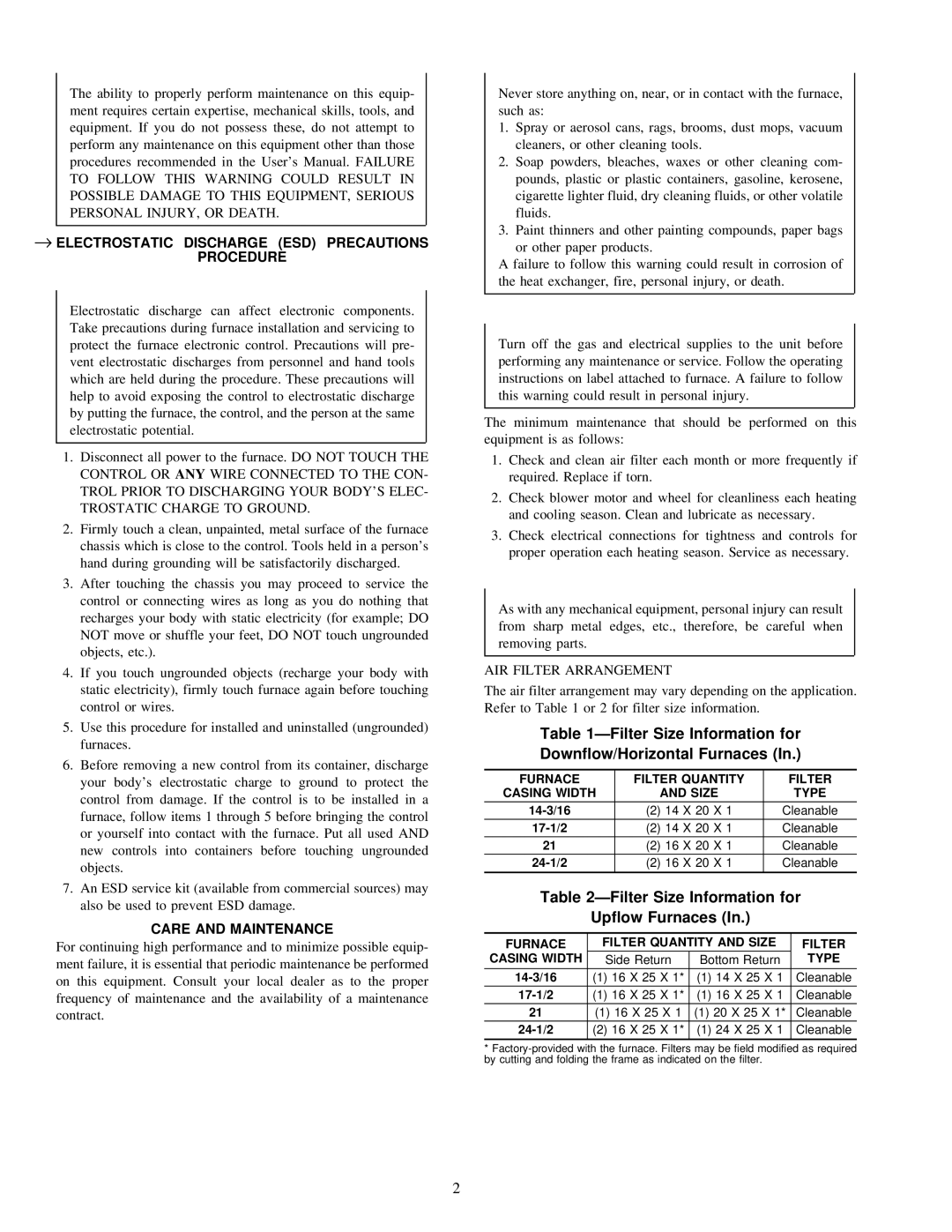 Carrier 58RAV, 58PAV instruction manual → Electrostatic Discharge ESD Precautions Procedure, AIR Filter Arrangement 