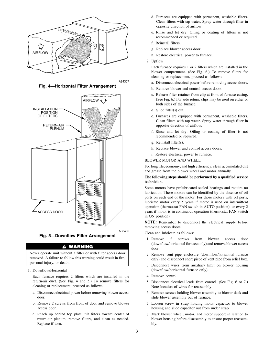 Carrier 58PAV, 58RAV instruction manual ÐHorizontal Filter Arrangement, Blower Motor and Wheel 