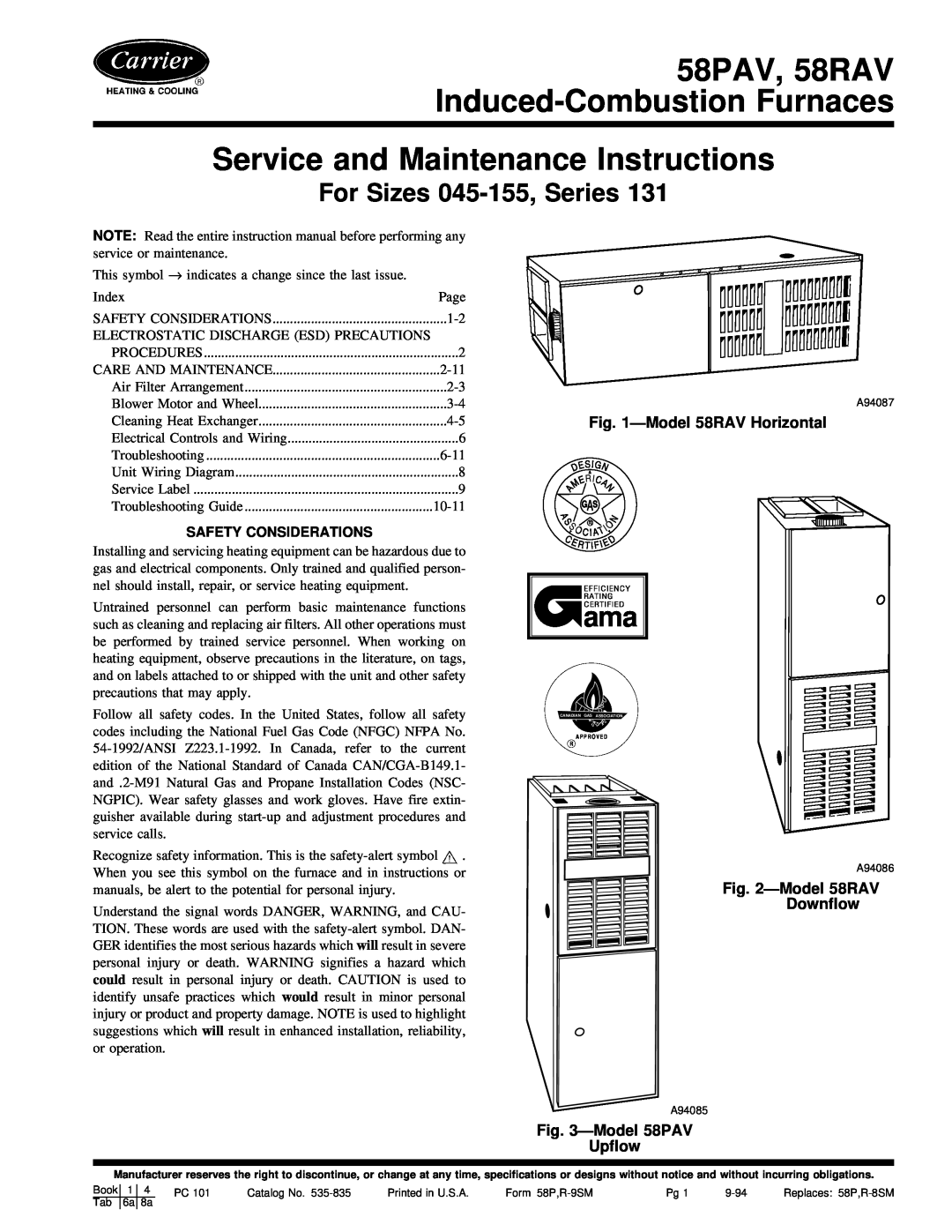 Carrier 58PAV instruction manual For Sizes 045-155,Series, ÐModel 58RAV Horizontal, ÐModel 58RAV Downflow 