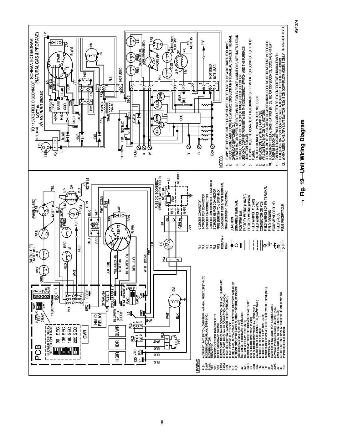 Carrier 58RAV, 58PAV instruction manual → ÐUnit Wiring Diagram, 135 SEC, 180 SEC, 225 SEC, Hi/Lo, Relay, Hsir 