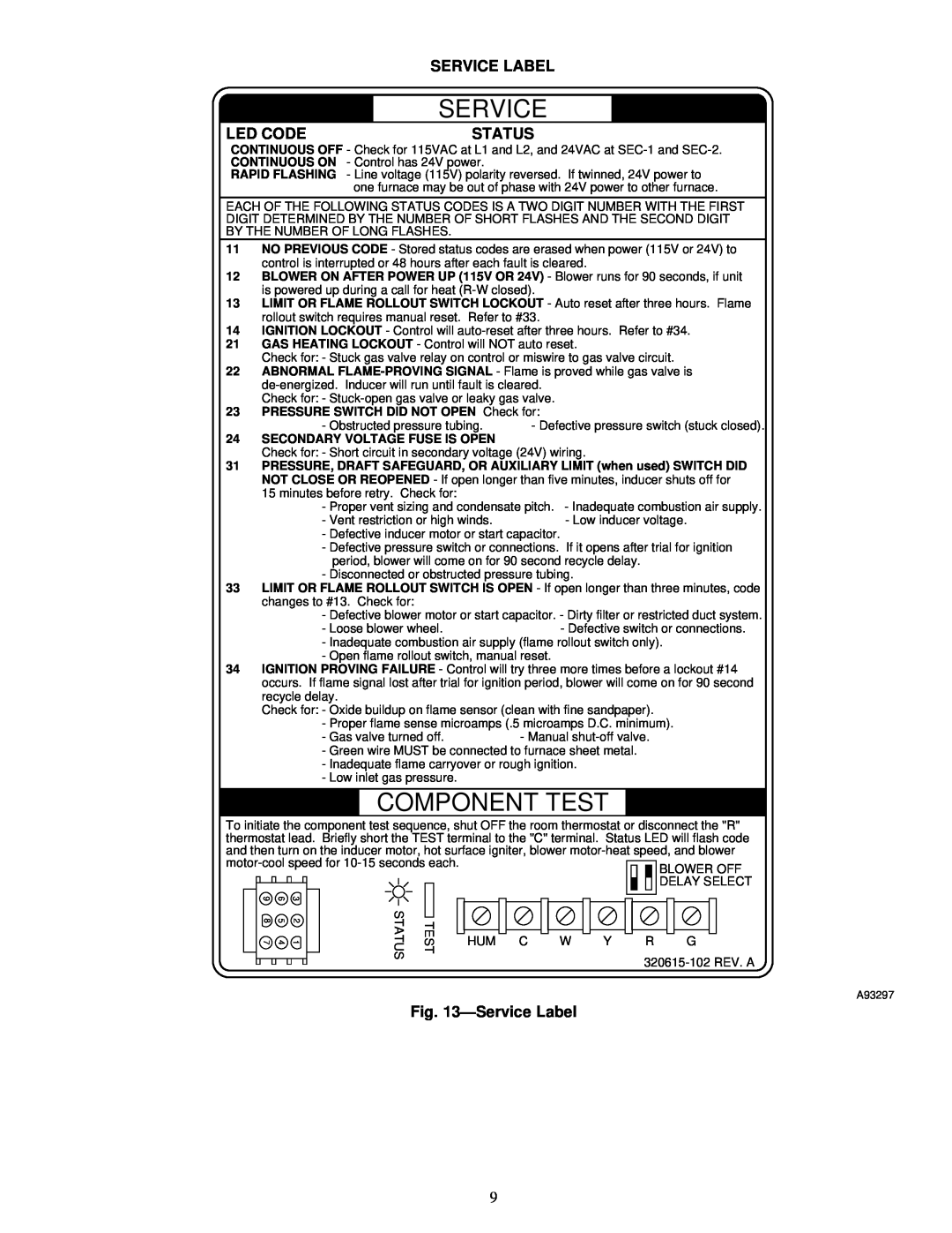 Carrier 58PAV, 58RAV instruction manual Led Code, Status, ÐService Label, Component Test 