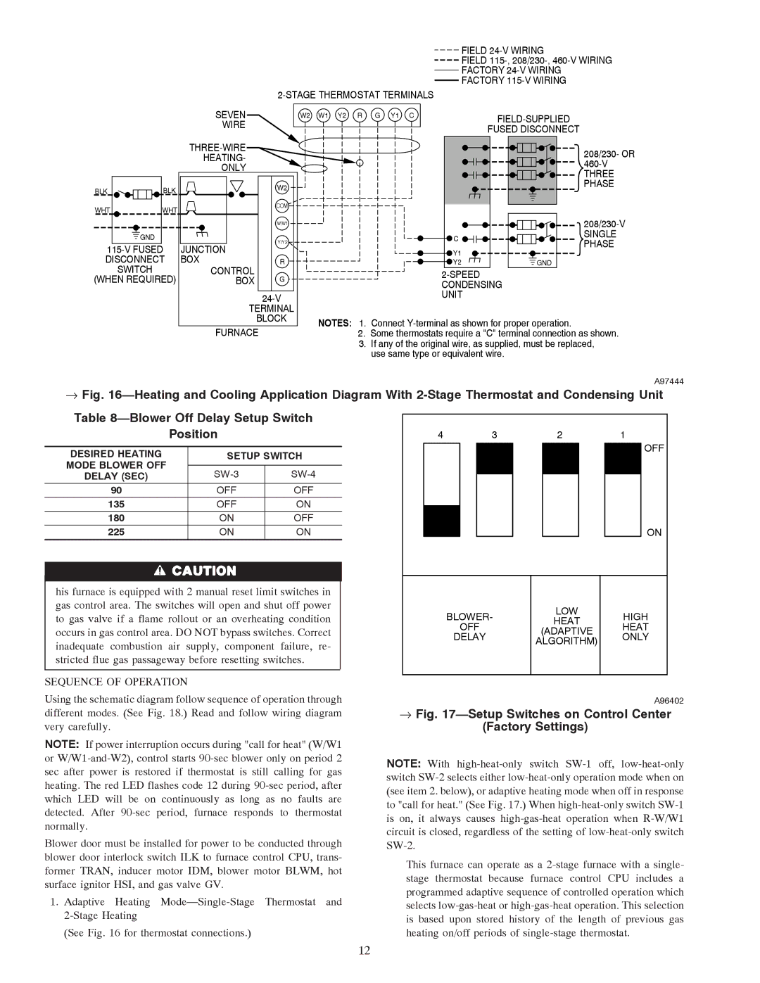 Carrier 58TMA → -Setup Switches on Control Center Factory Settings, Sequence of Operation, Delay SEC, Off 