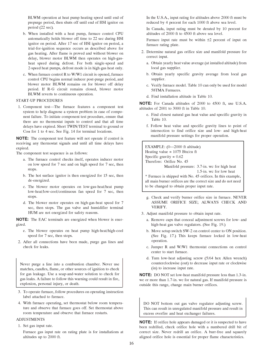 Carrier 58TMA operating instructions START-UP Procedures, Adjustments 