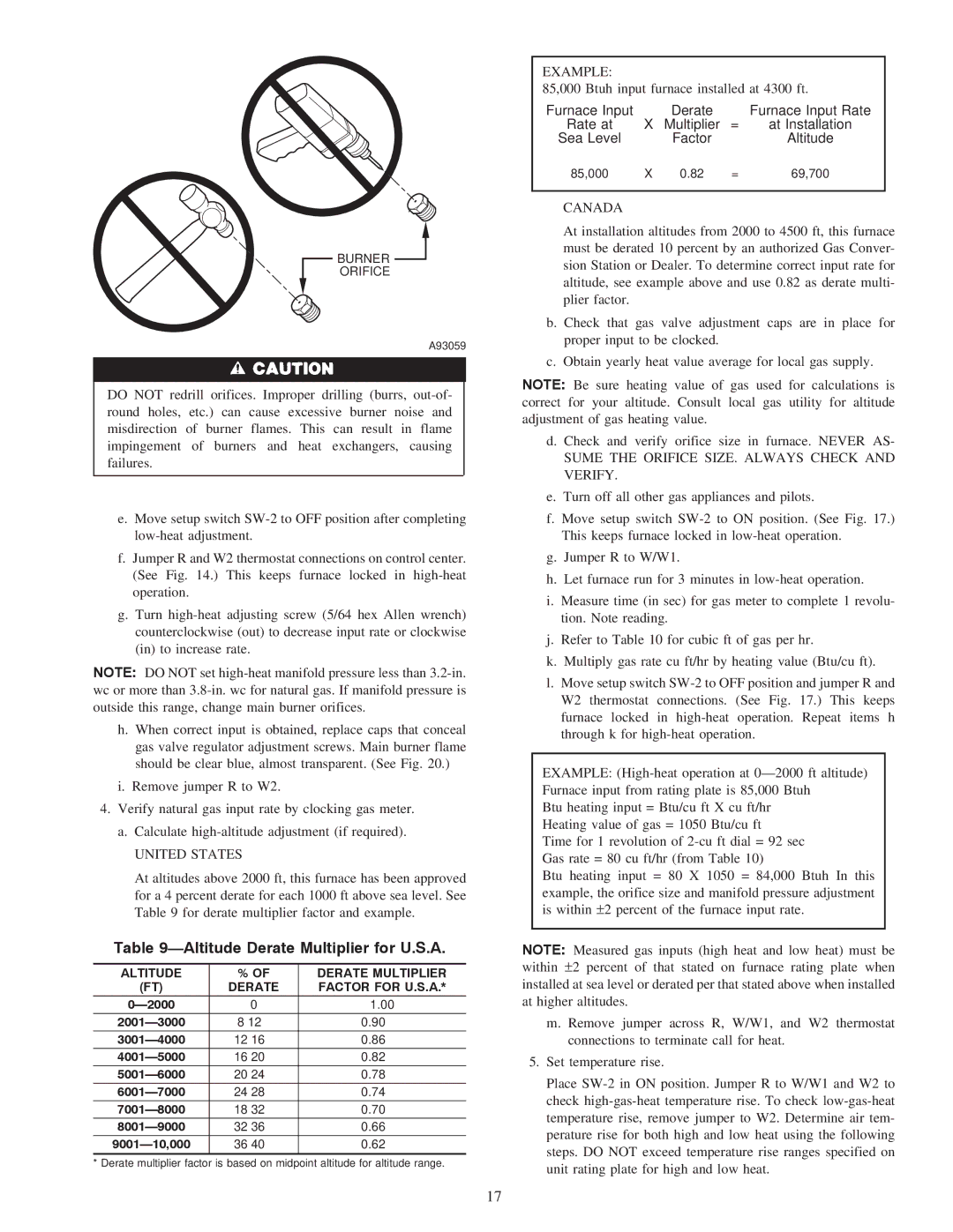 Carrier 58TMA operating instructions Altitude Derate Multiplier for U.S.A, United States, Example, Canada 