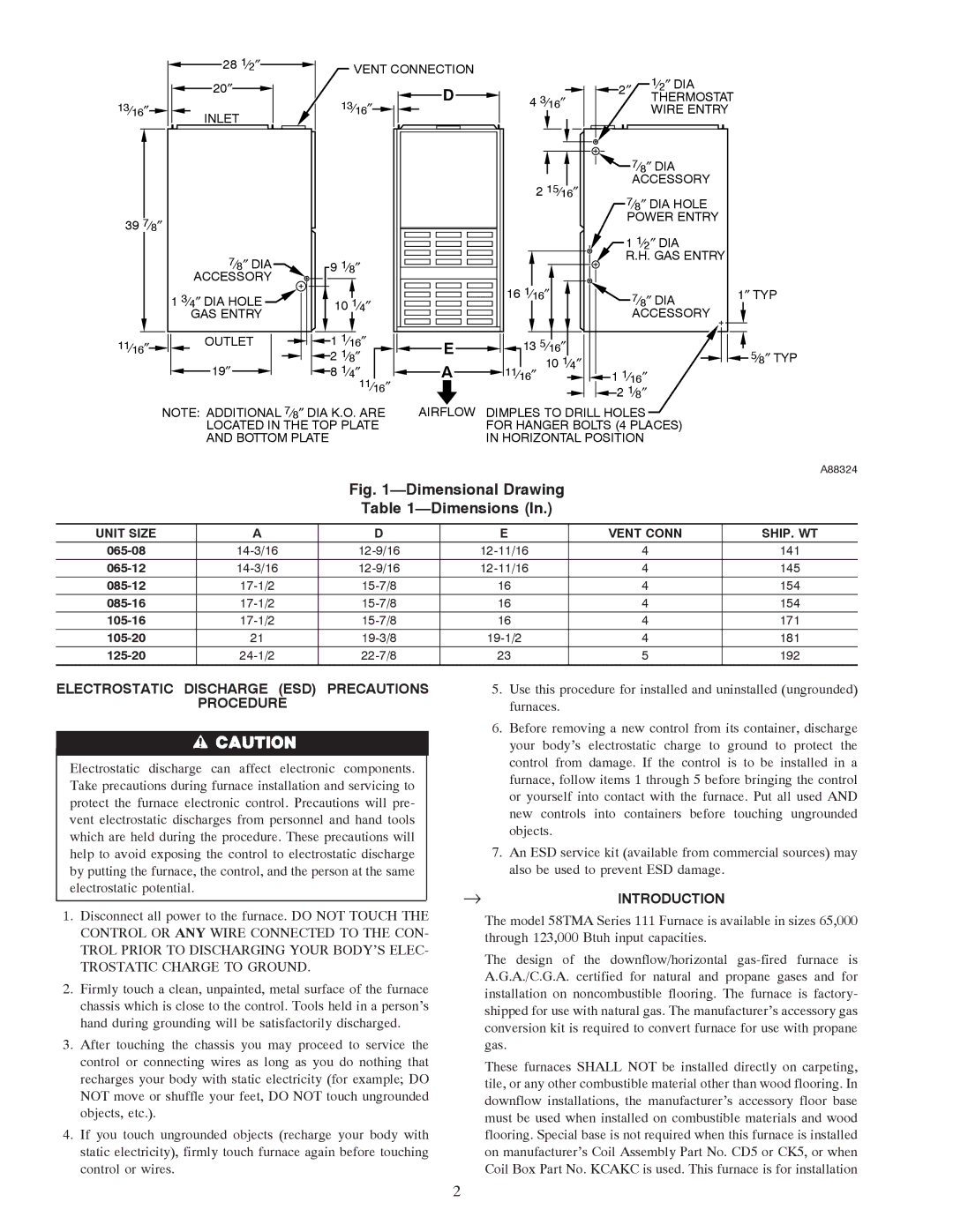 Carrier 58TMA operating instructions Dimensional Drawing Dimensions, Unit Size Vent Conn SHIP. WT 