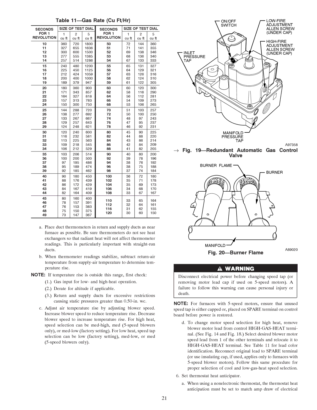 Carrier 58TMA operating instructions Gas Rate Cu Ft/Hr, → -Redundant Automatic Gas Control Valve 