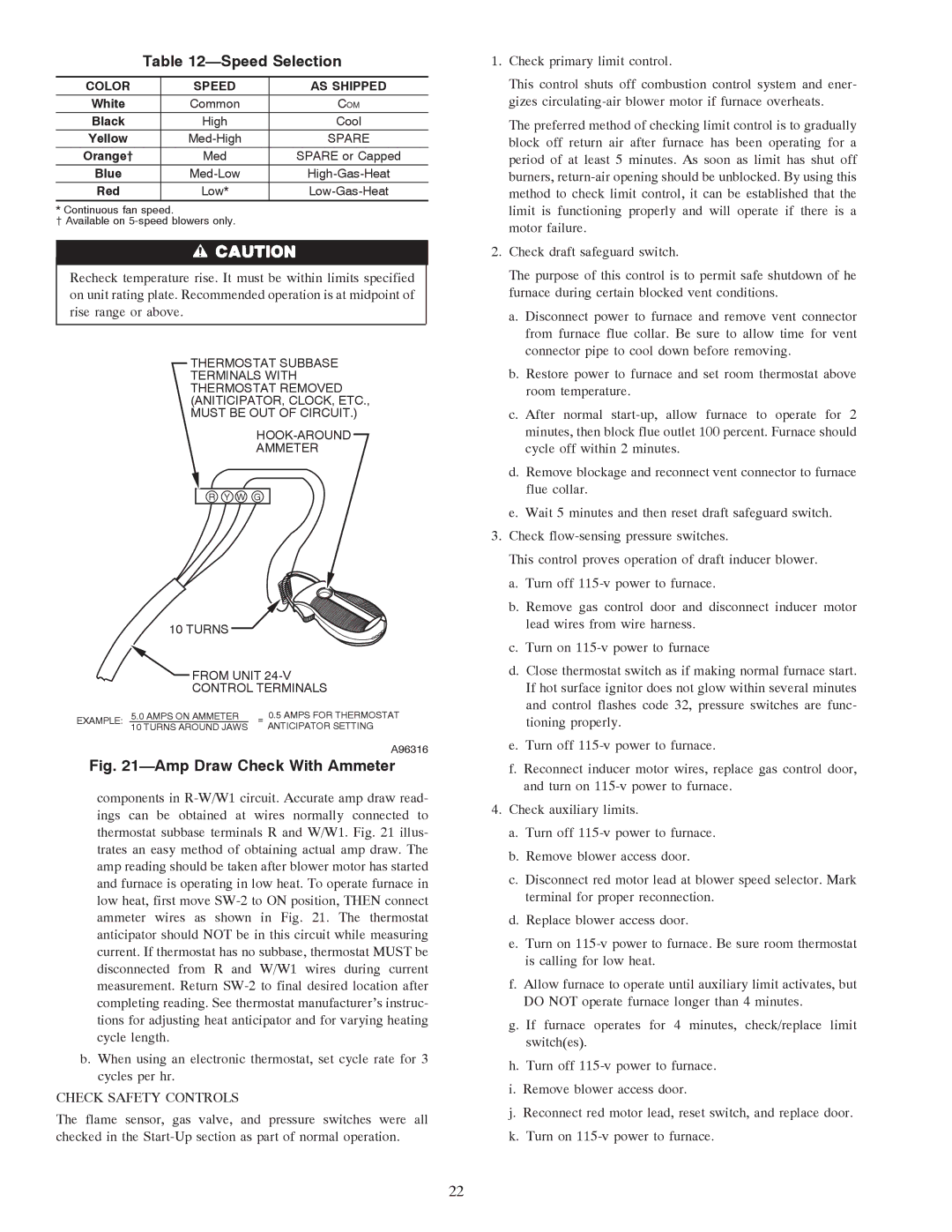 Carrier 58TMA operating instructions Speed Selection, Check Safety Controls, Color Speed AS Shipped 