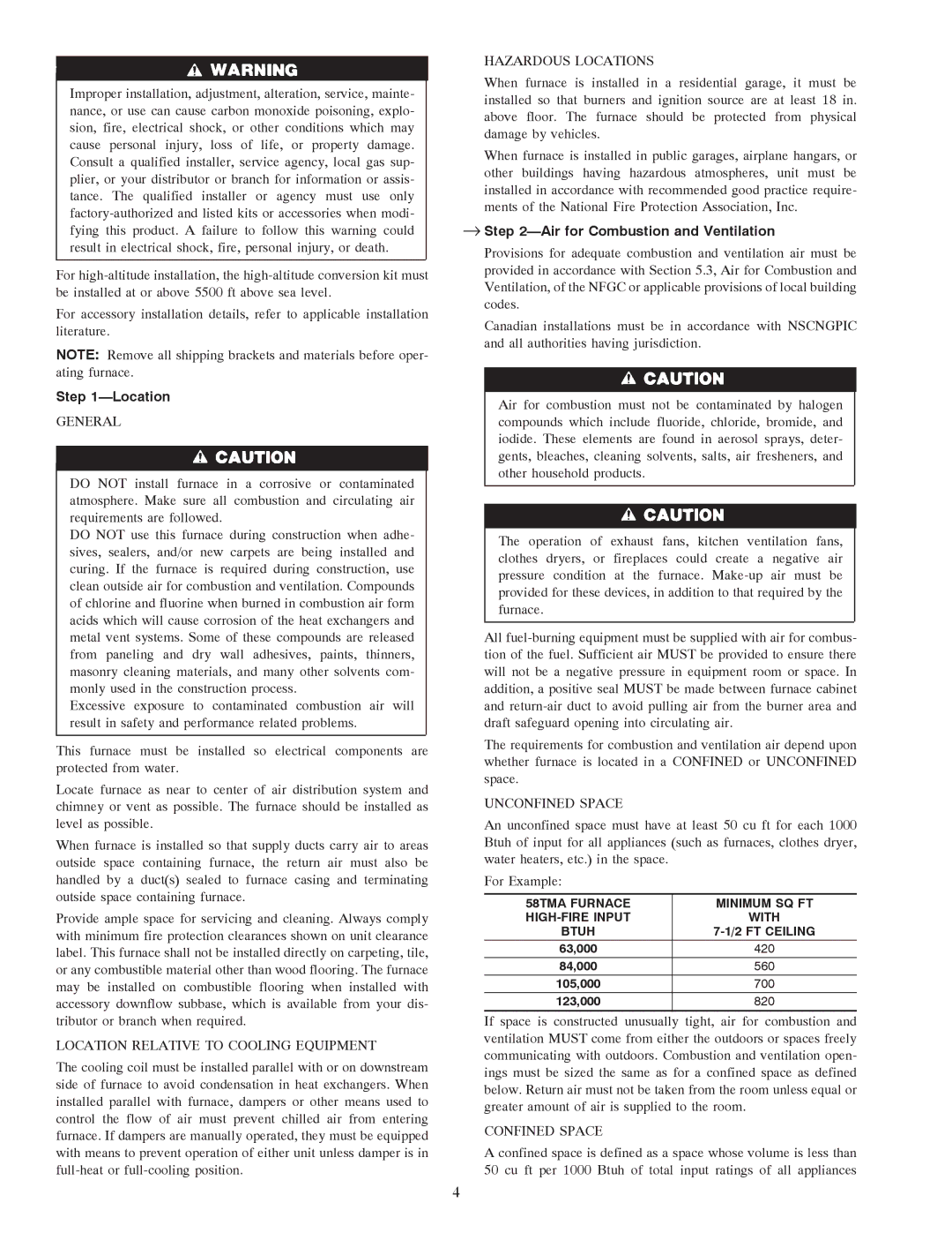 Carrier 58TMA General, Location Relative to Cooling Equipment, Hazardous Locations, Unconfined Space, Confined Space 