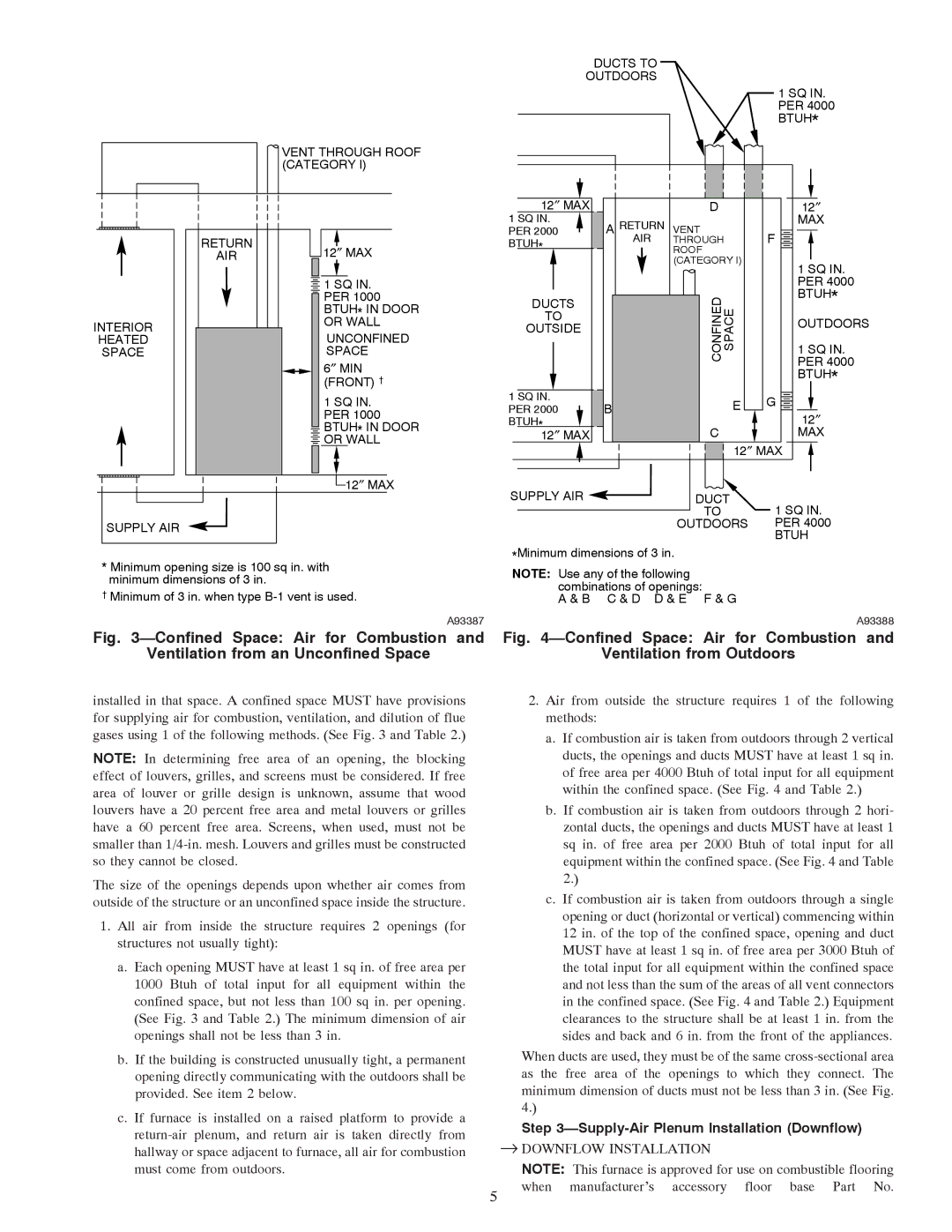 Carrier 58TMA operating instructions Confined Space Air for Combustion Ventilation from Outdoors, → Downflow Installation 