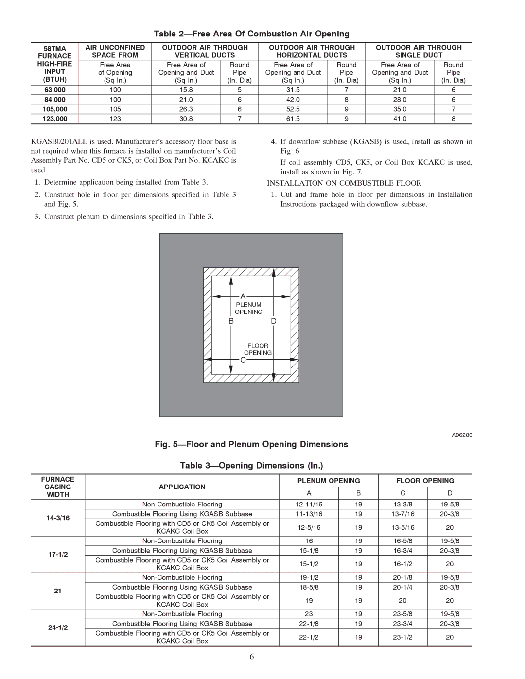 Carrier 58TMA operating instructions Free Area Of Combustion Air Opening, Installation on Combustible Floor, Input, Width 