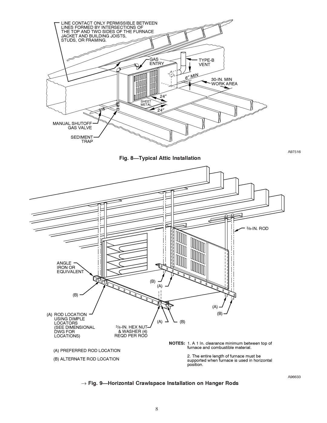 Carrier 58TMA operating instructions Typical Attic Installation, → -Horizontal Crawlspace Installation on Hanger Rods 