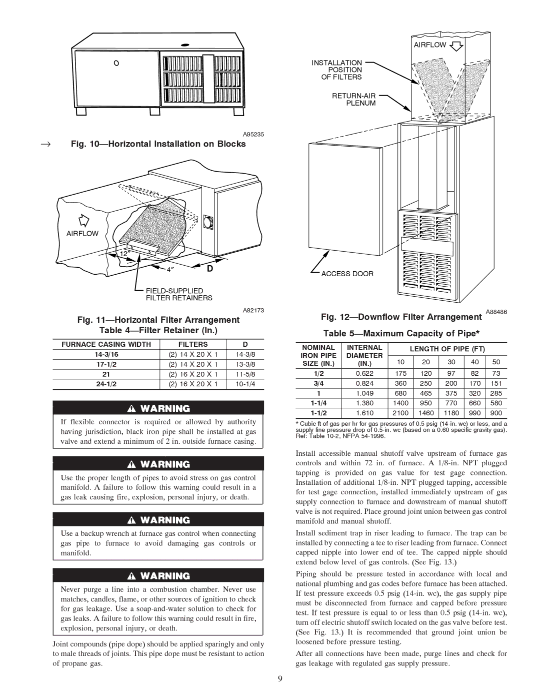 Carrier 58TMA operating instructions → -Horizontal Installation on Blocks, Furnace Casing Width Filters 