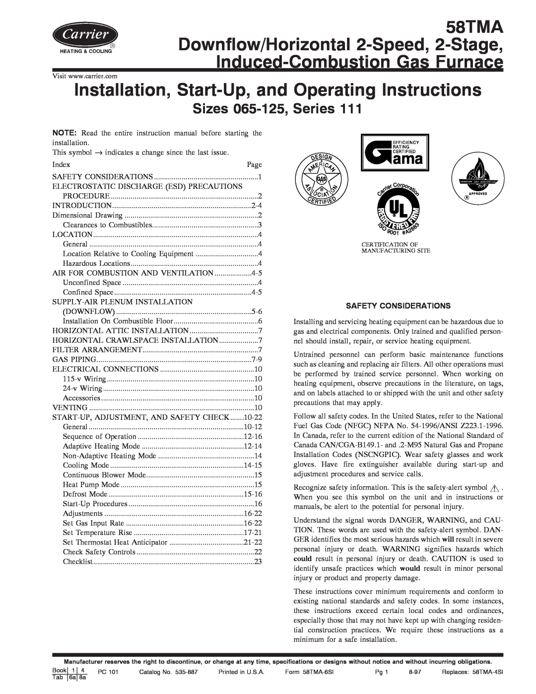 Carrier 58TMA operating instructions Installation, Start-Up,and Operating Instructions, Sizes 065-125,Series 