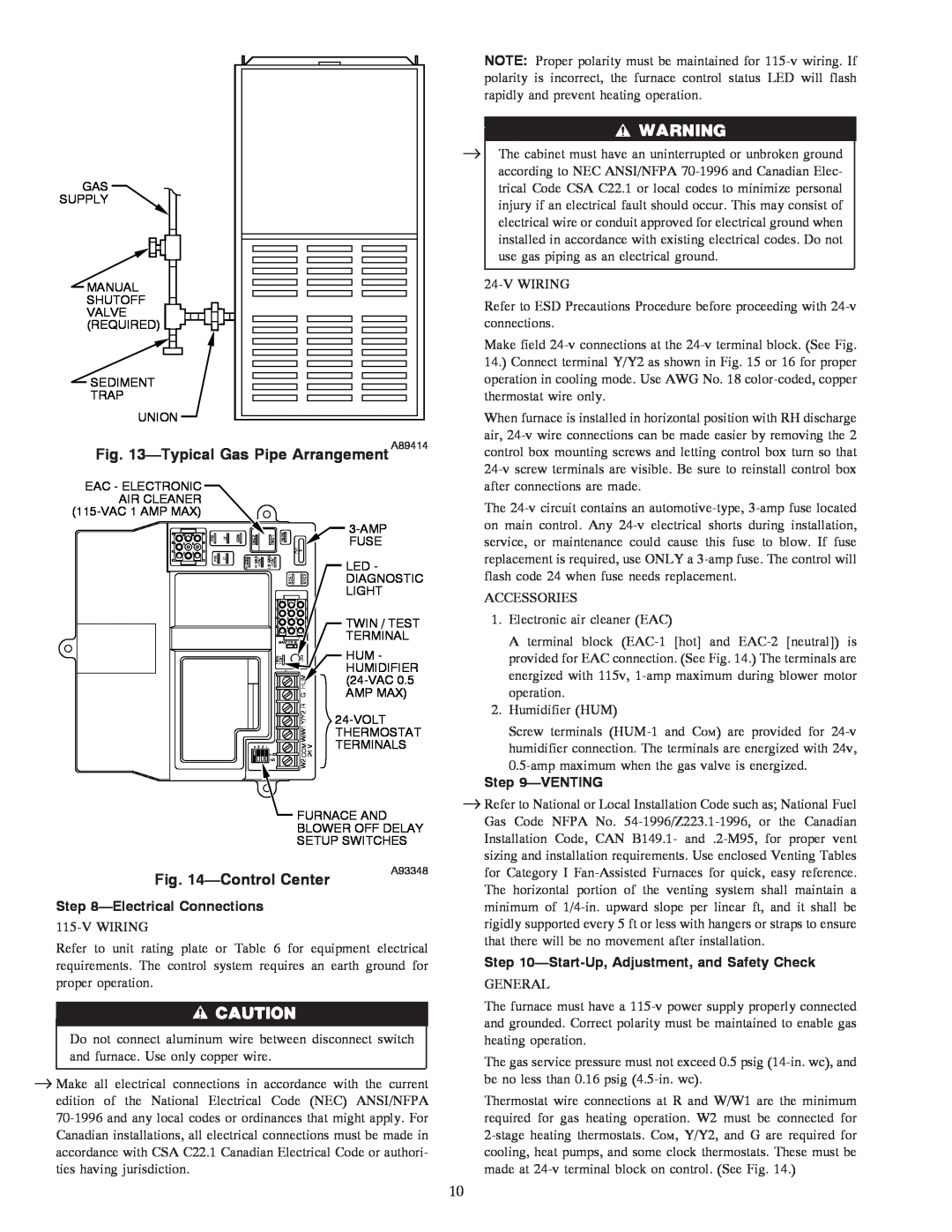 Carrier 58TMA operating instructions TypicalGas Pipe Arrangement A89414, ControlCenter, ElectricalConnections, Venting 