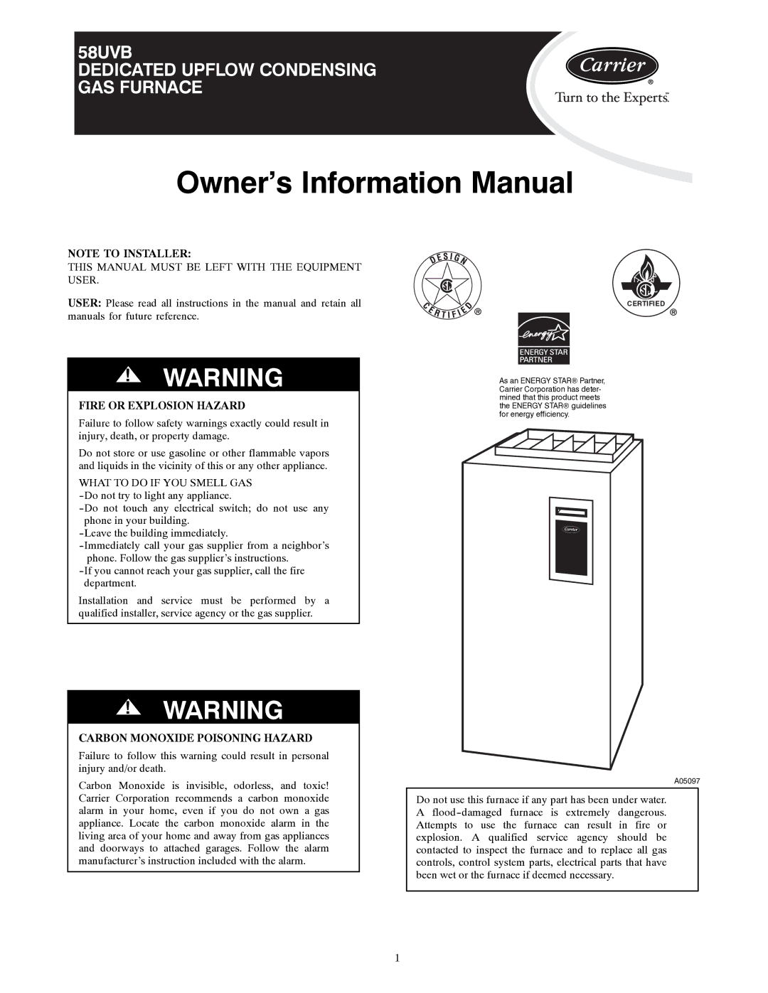 Carrier 58UVB manual Fire or Explosion Hazard, Carbon Monoxide Poisoning Hazard 