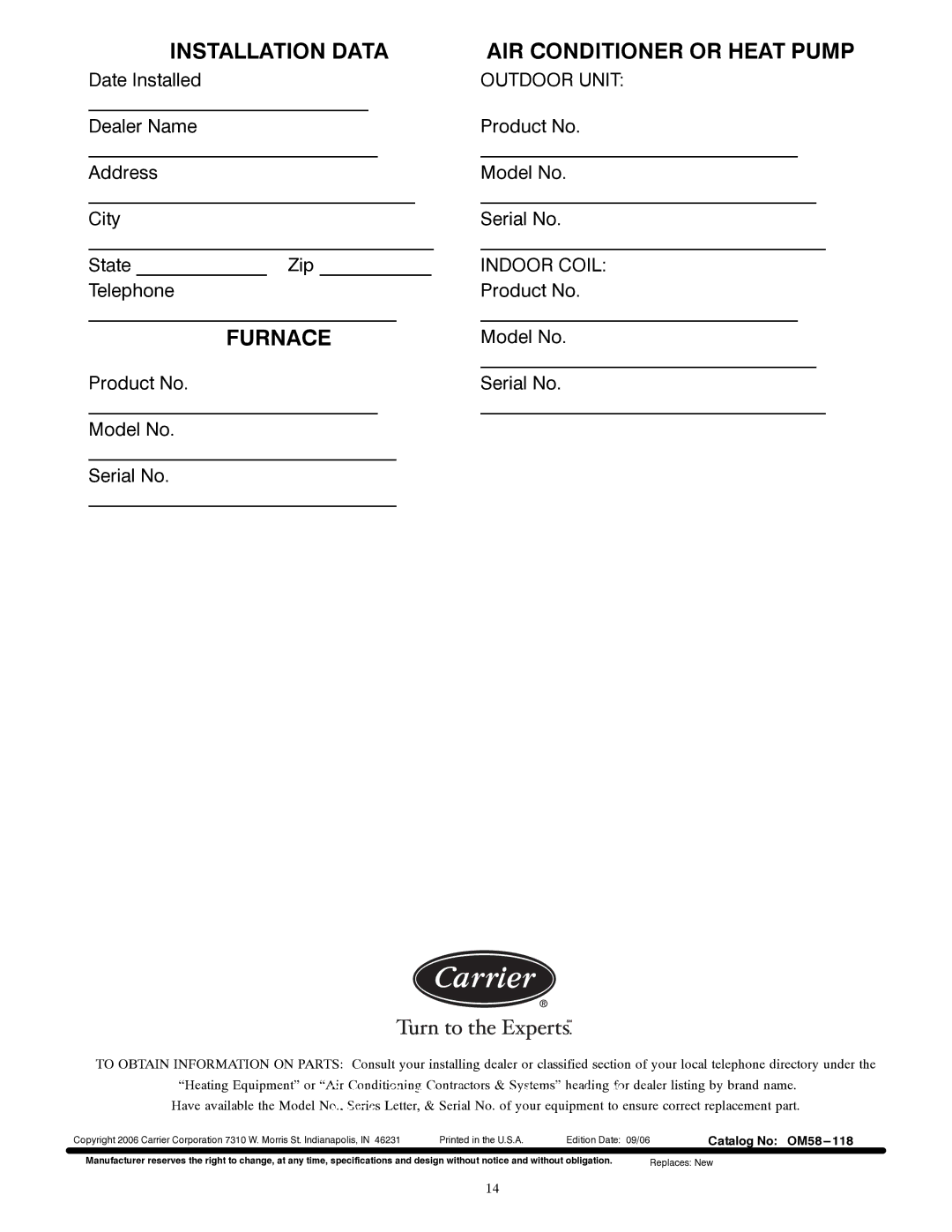 Carrier 58UVB manual Installation Data 