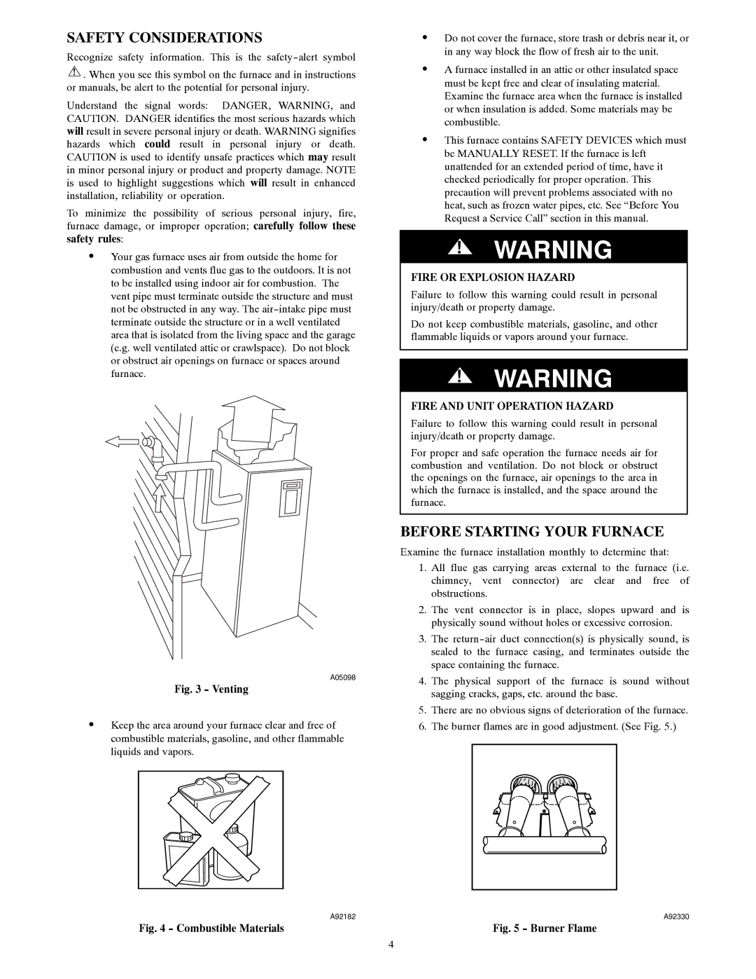 Carrier 58UVB manual Safety Considerations, Before Starting Your Furnace, Fire and Unit Operation Hazard 