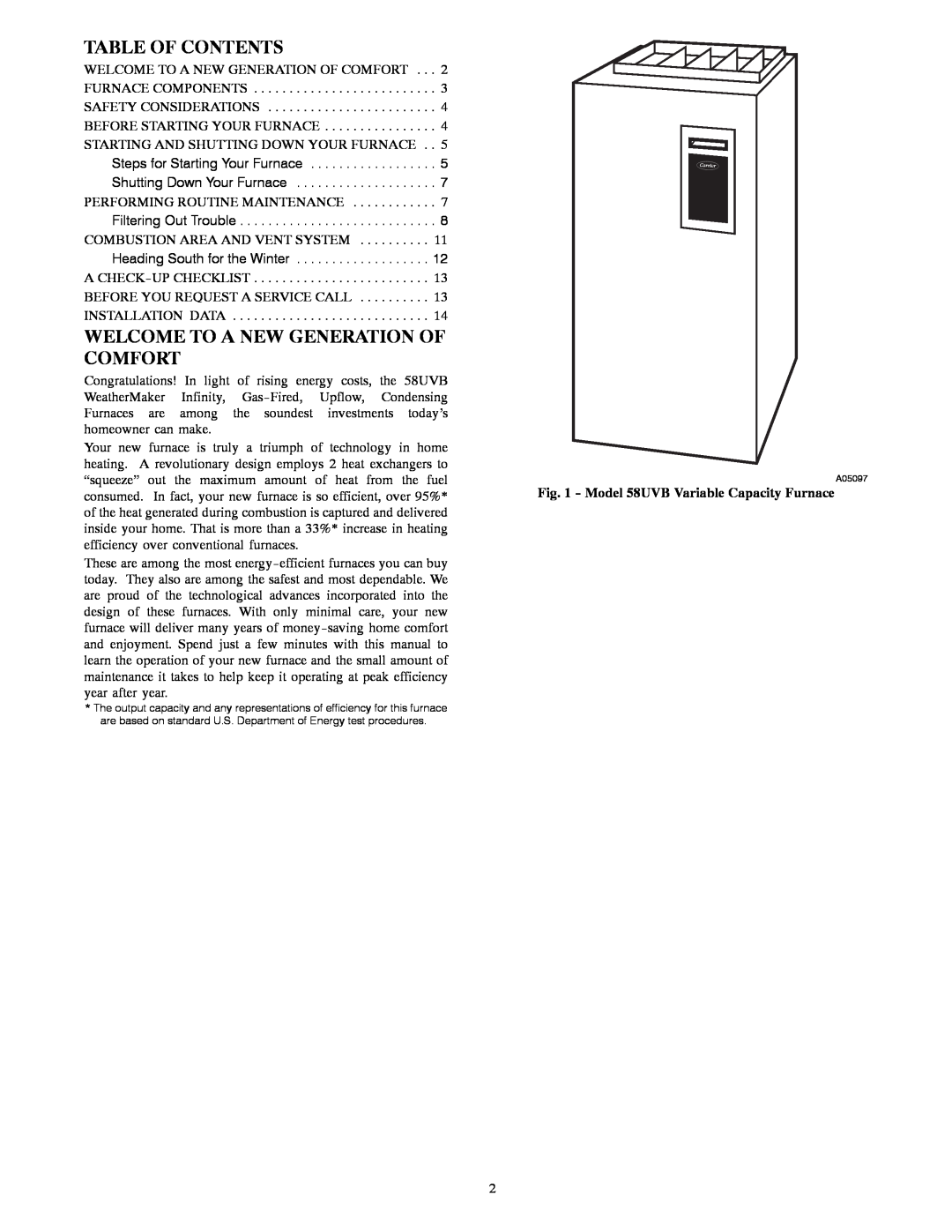 Carrier manual Table Of Contents, Welcome To A New Generation Of Comfort, Model 58UVB Variable Capacity Furnace 