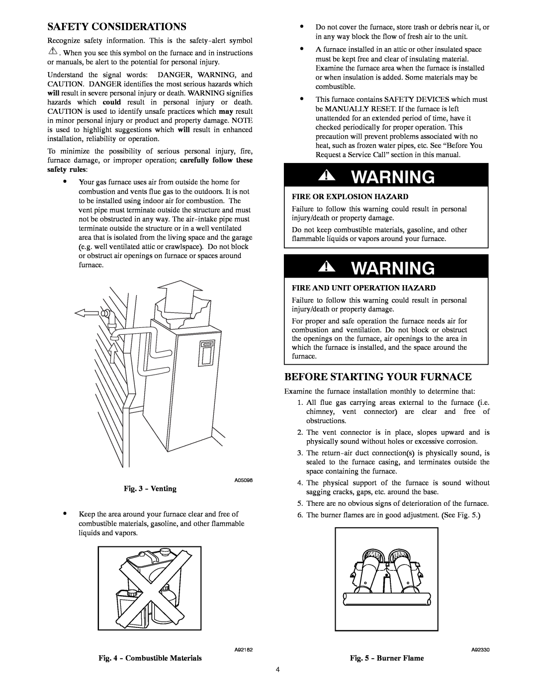 Carrier 58UVB manual Safety Considerations, Before Starting Your Furnace, Venting, Combustible Materials, Burner Flame 
