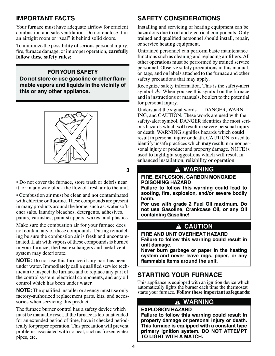 Carrier 58VMR manual Important Facts, Safety Considerations, Starting Your Furnace, For Your Safety 