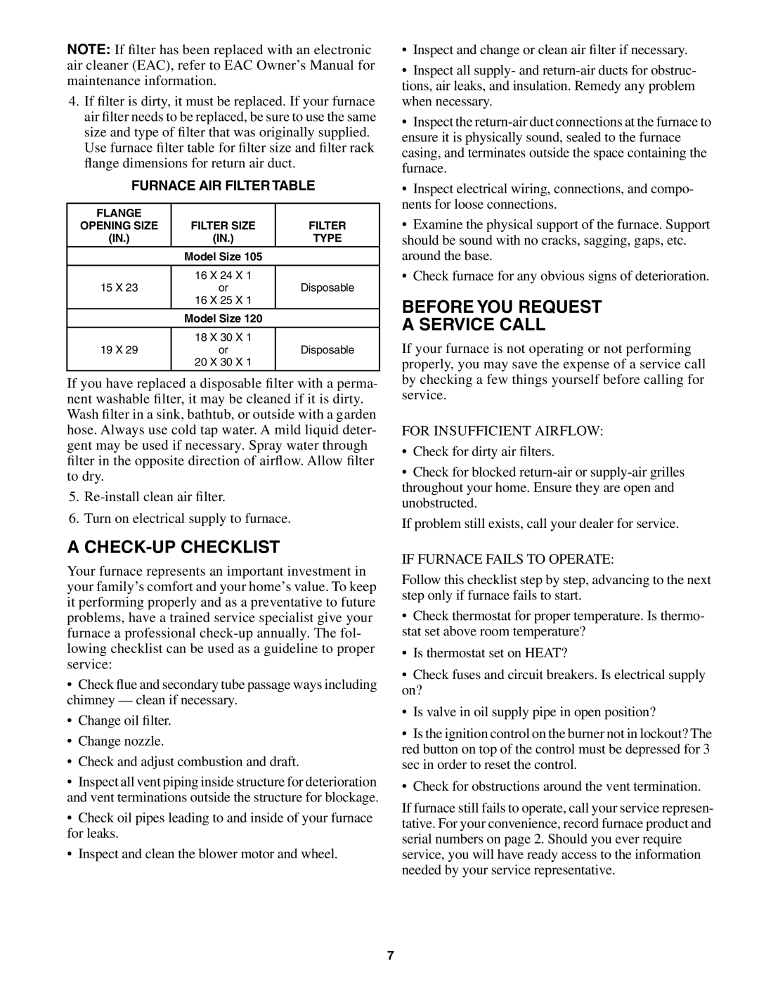 Carrier 58VMR manual Before YOU Request Service Call, CHECK-UP Checklist, Furnace AIR Filter Table 