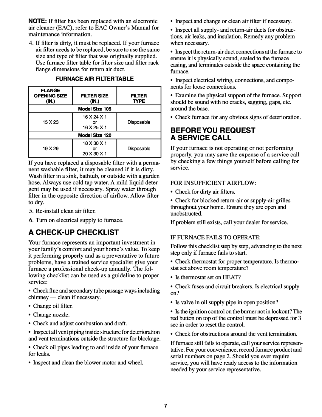 Carrier 58VMR manual Before You Request A Service Call, A Check-Upchecklist, Furnace Air Filter Table 