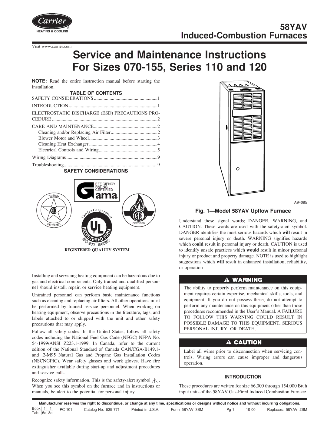 Carrier 58YAV instruction manual Table of Contents, Safety Considerations, Introduction 