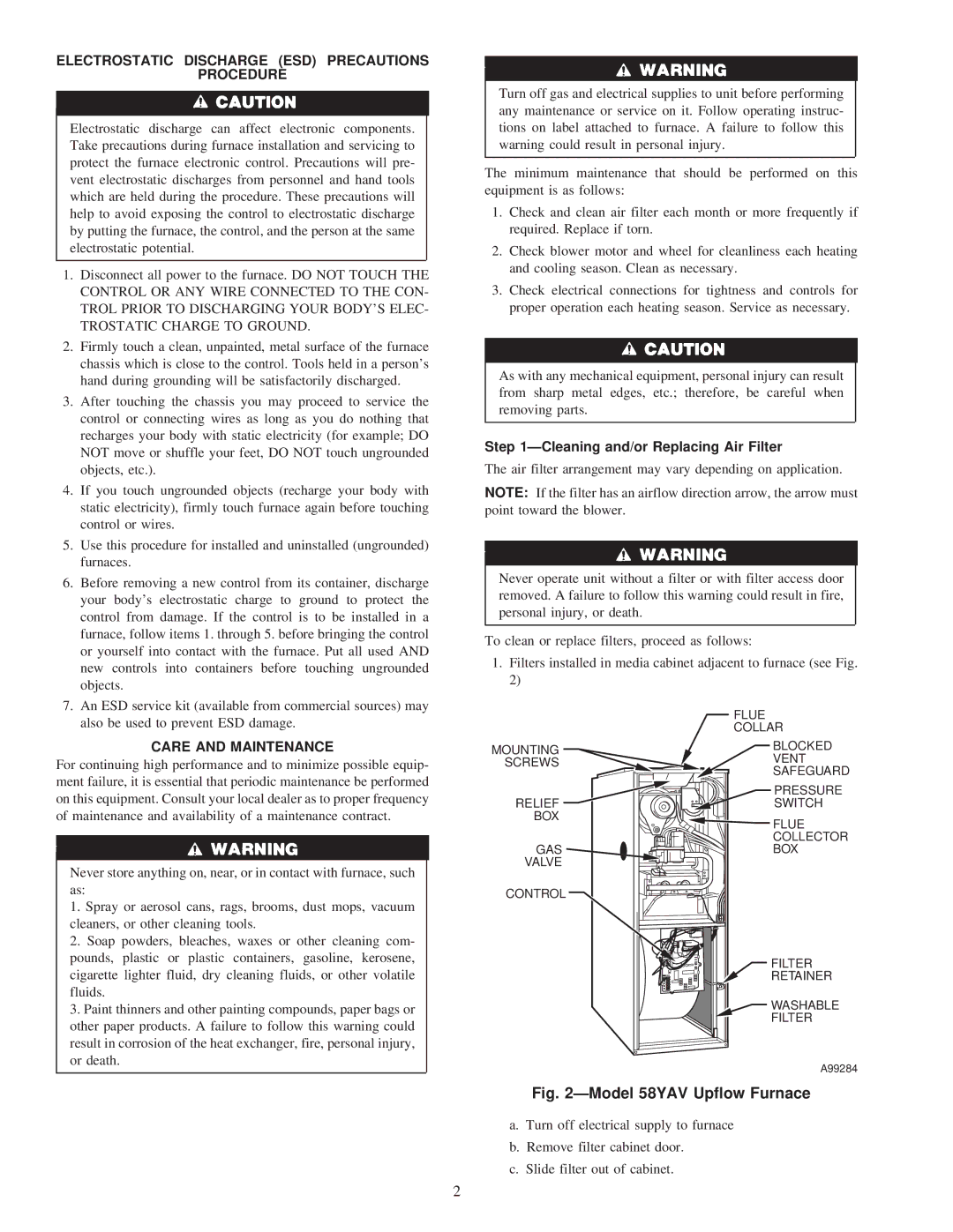 Carrier 58YAV instruction manual Electrostatic Discharge ESD Precautions Procedure, ÐCleaning and/or Replacing Air Filter 