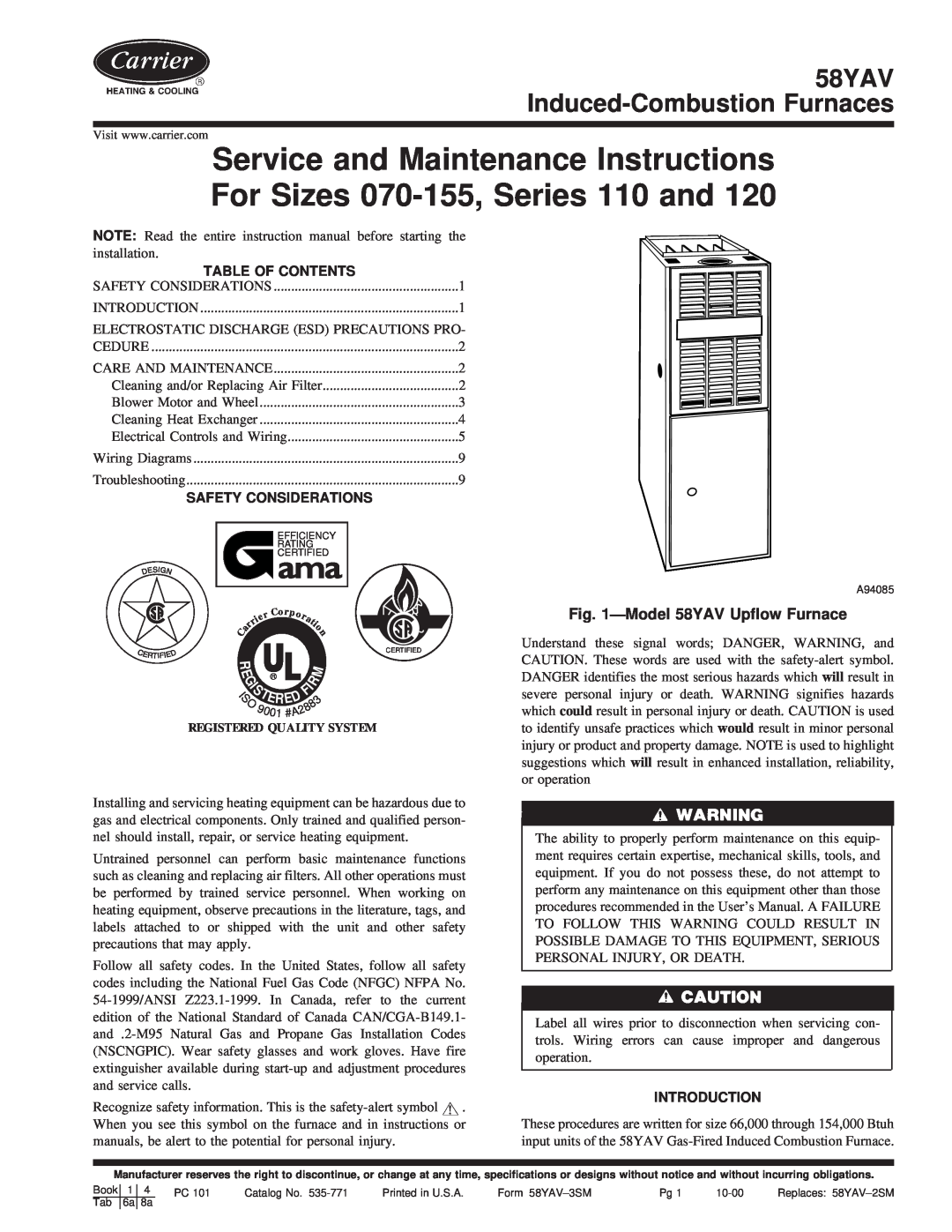 Carrier instruction manual ÐModel 58YAV Upflow Furnace, Table Of Contents, Safety Considerations, Introduction 