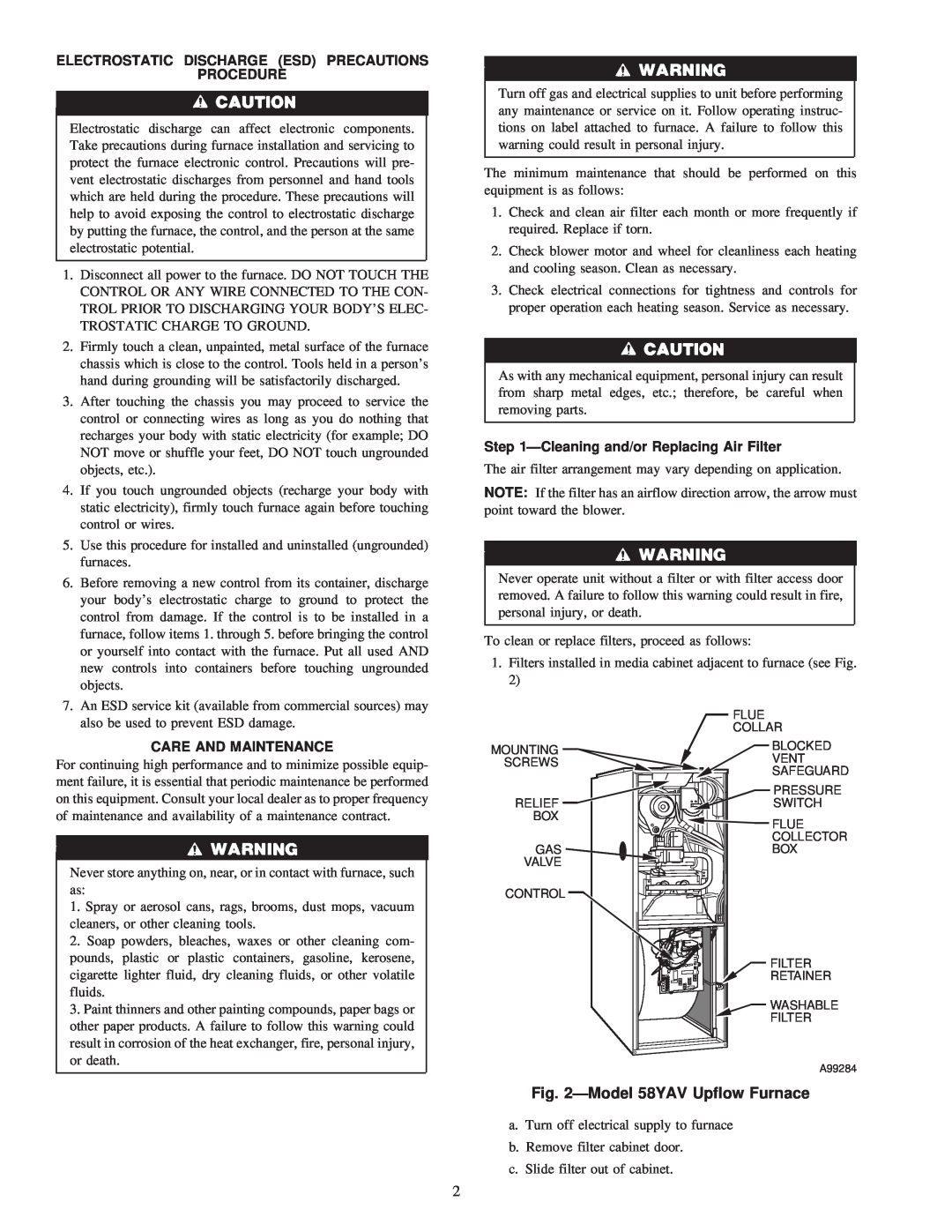 Carrier ÐModel 58YAV Upflow Furnace, Electrostatic Discharge Esd Precautions Procedure, Care And Maintenance 