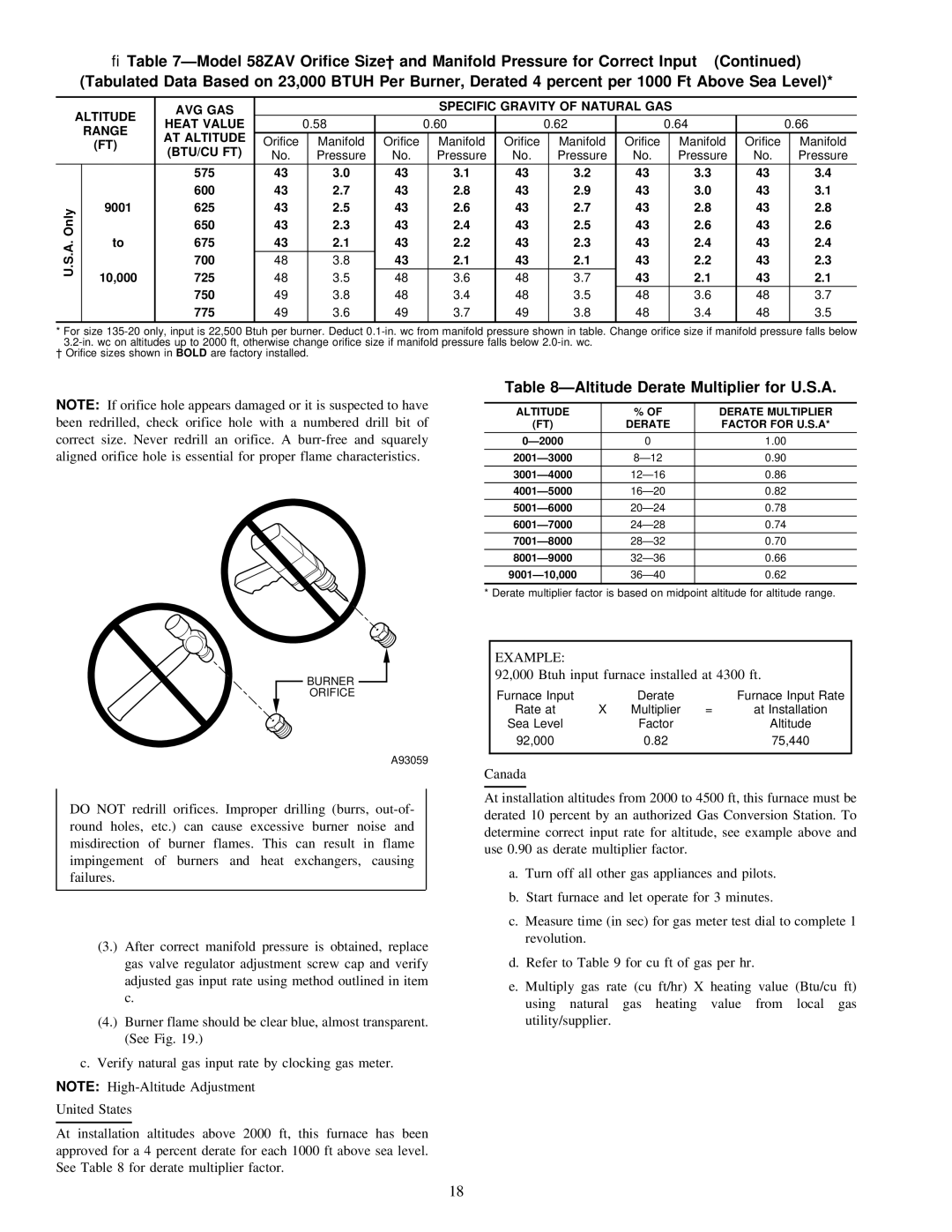 Carrier 58ZAV operating instructions ÐAltitude Derate Multiplier for U.S.A, Example, Only 9001, 700 10,000 725 750 