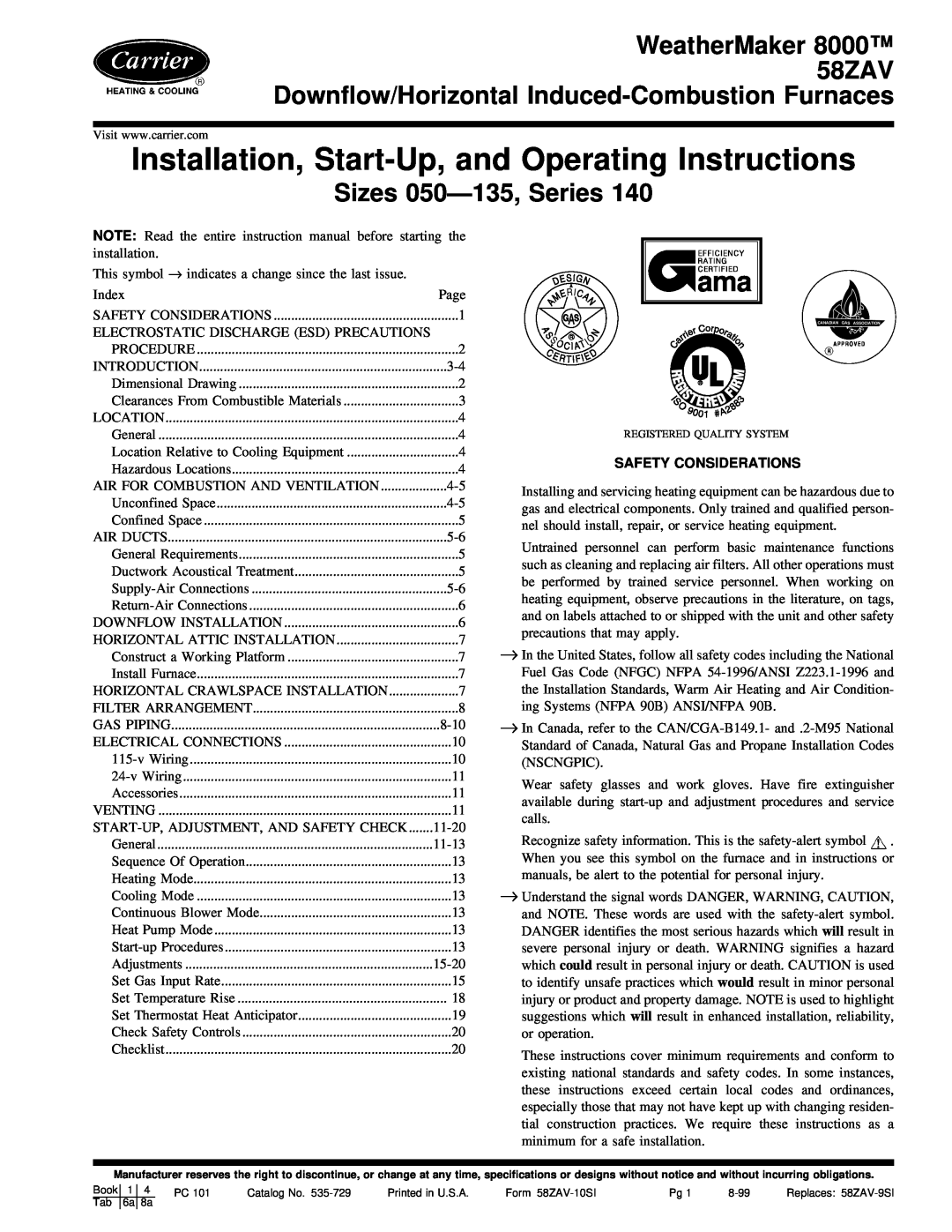 Carrier operating instructions Installation, Start-Up,and Operating Instructions, WeatherMaker 58ZAV 