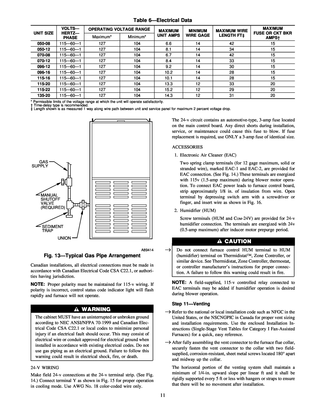 Carrier 58ZAV operating instructions ÐElectrical Data, ÐTypical Gas Pipe Arrangement, ÐVenting 
