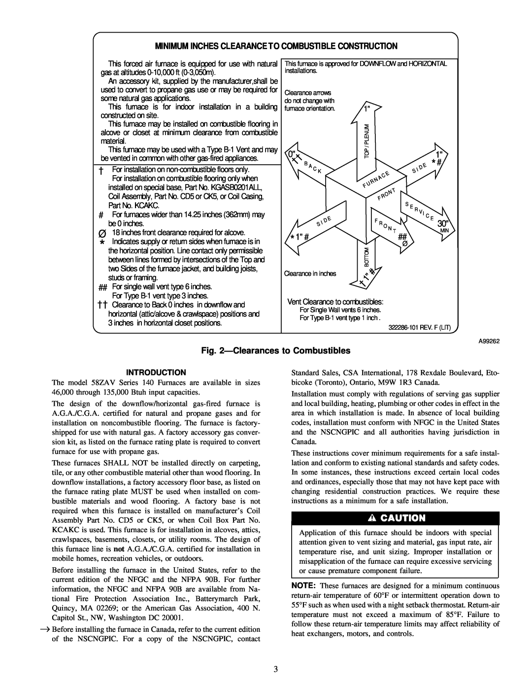 Carrier 58ZAV operating instructions R Vi C E, ÐClearances to Combustibles, Introduction 