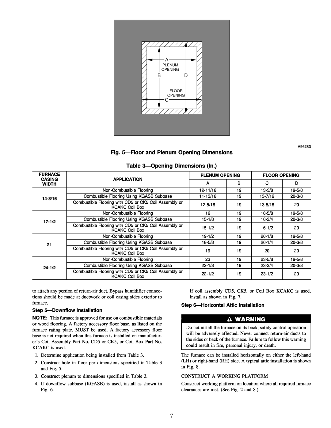 Carrier 58ZAV operating instructions ÐFloor and Plenum Opening Dimensions, ÐOpening Dimensions In, ÐDownflow Installation 