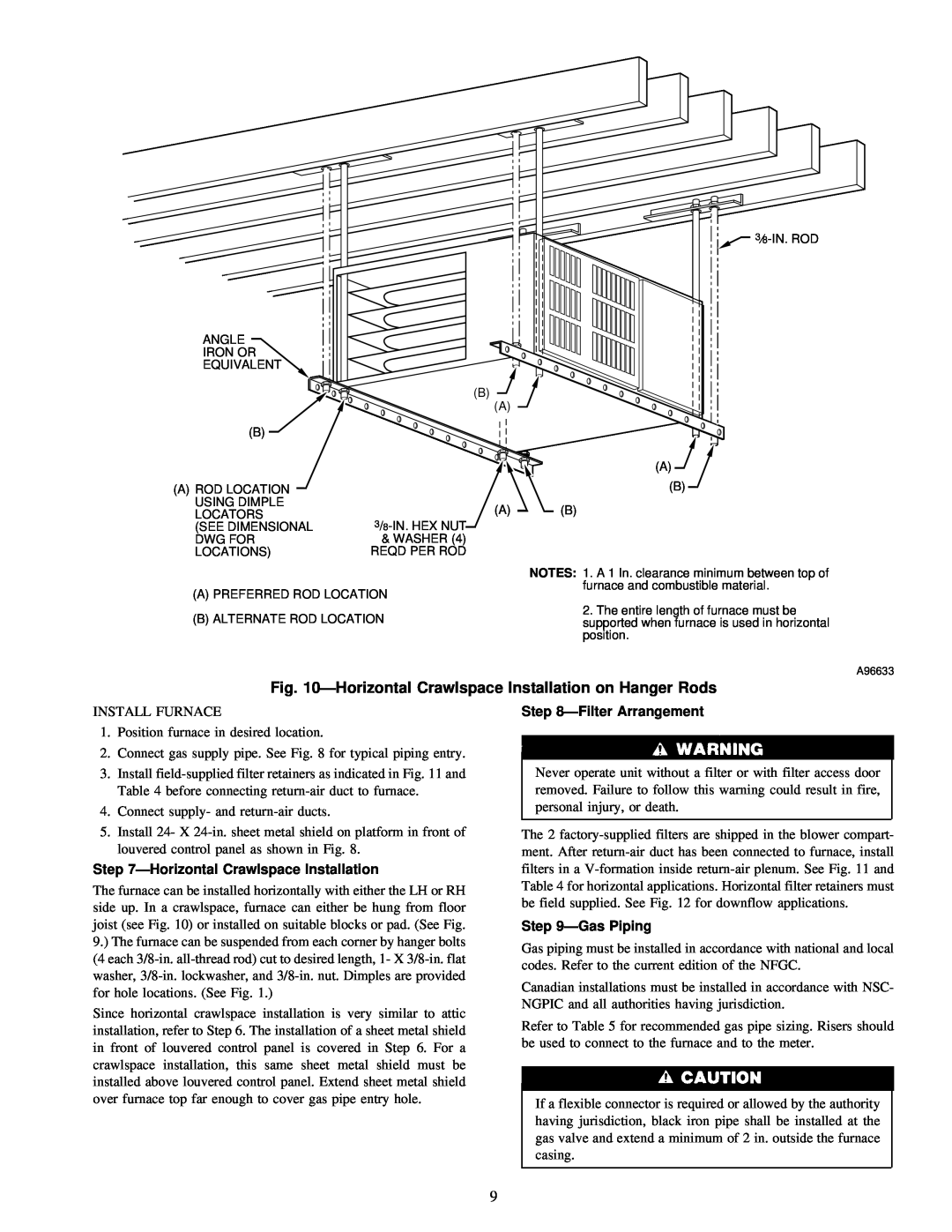 Carrier 58ZAV operating instructions ÐHorizontal Crawlspace Installation, ÐFilter Arrangement, ÐGas Piping 