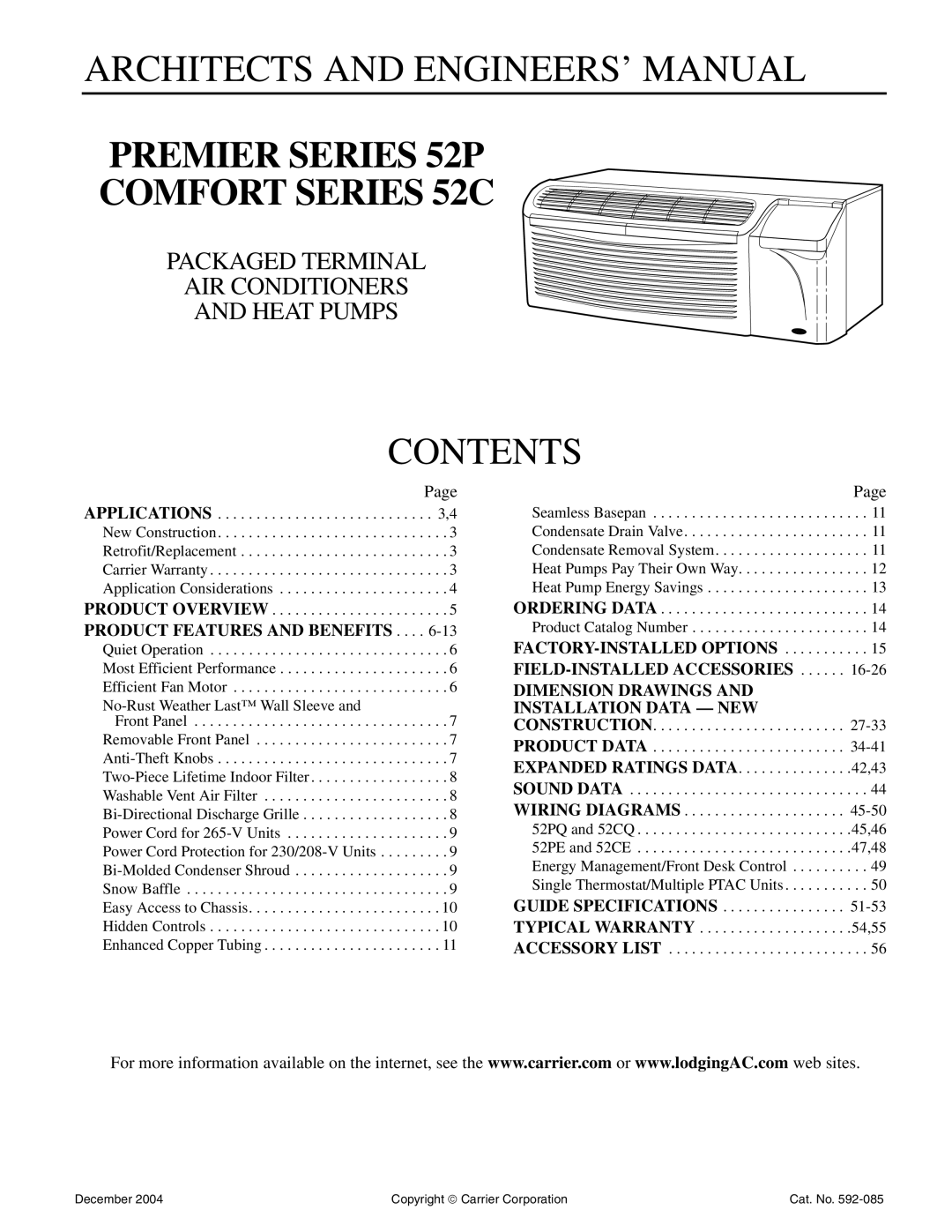 Carrier 592-085 warranty Architects and ENGINEERS’ Manual, Contents 