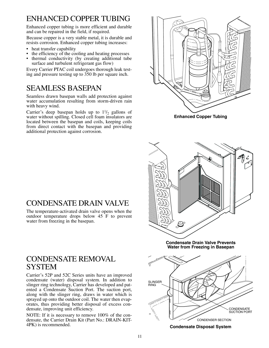 Carrier 592-085 warranty Enhanced Copper Tubing, Seamless Basepan, Condensate Drain Valve, Condensate Removal System 